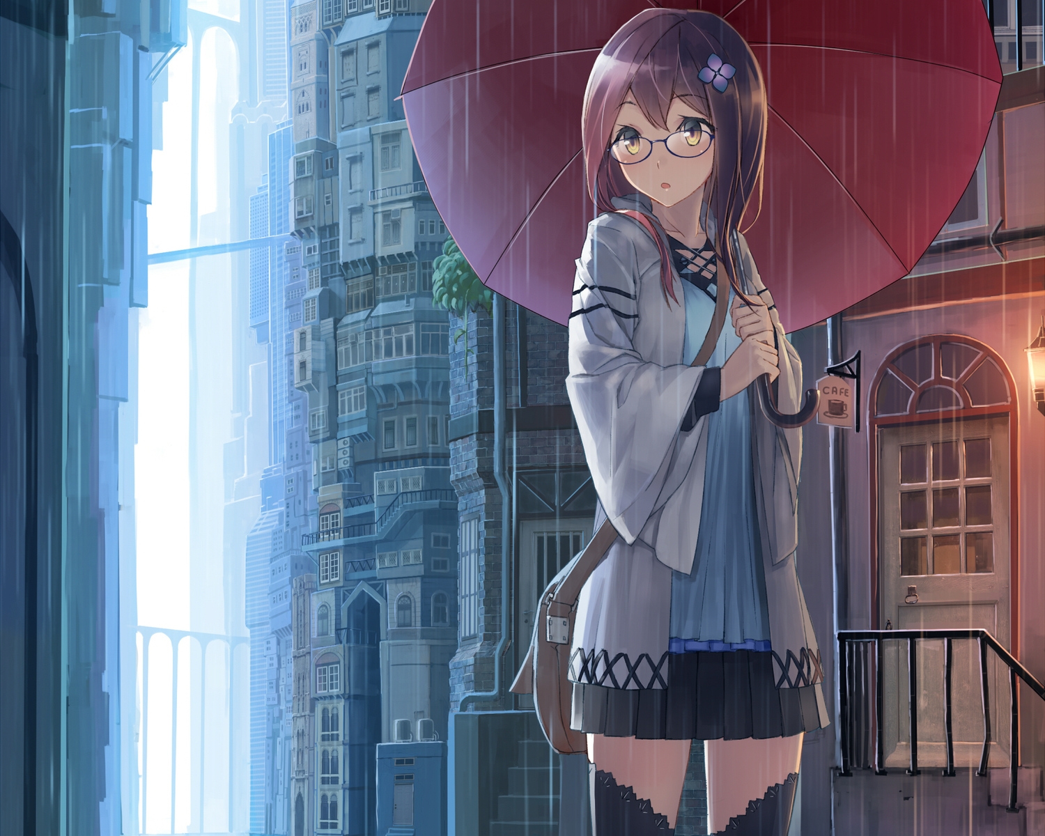 brown_hair, building, city, cropped, glasses, hood, izumi_sai, original, rain, skirt, thighhighs, umbrella, water, yellow_eyes