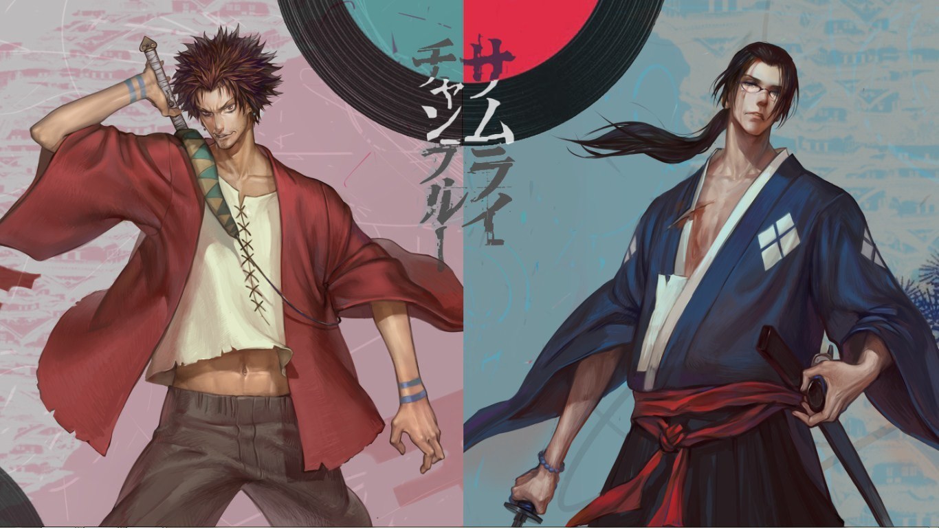 all_male, .axis., black_hair, brown_hair, glasses, japanese_clothes, jin, long_hair, male, mugen, ponytail, samurai_champloo, scar, short_hair, sword, weapon, wristwear