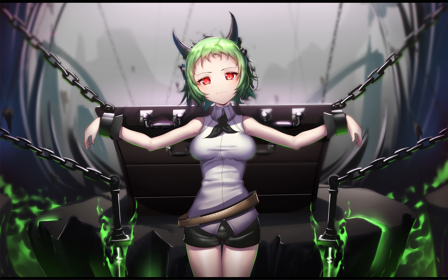 bondage, green_hair, hk_(hk), horns, jpeg_artifacts, magic, owari_no_seraph, red_eyes