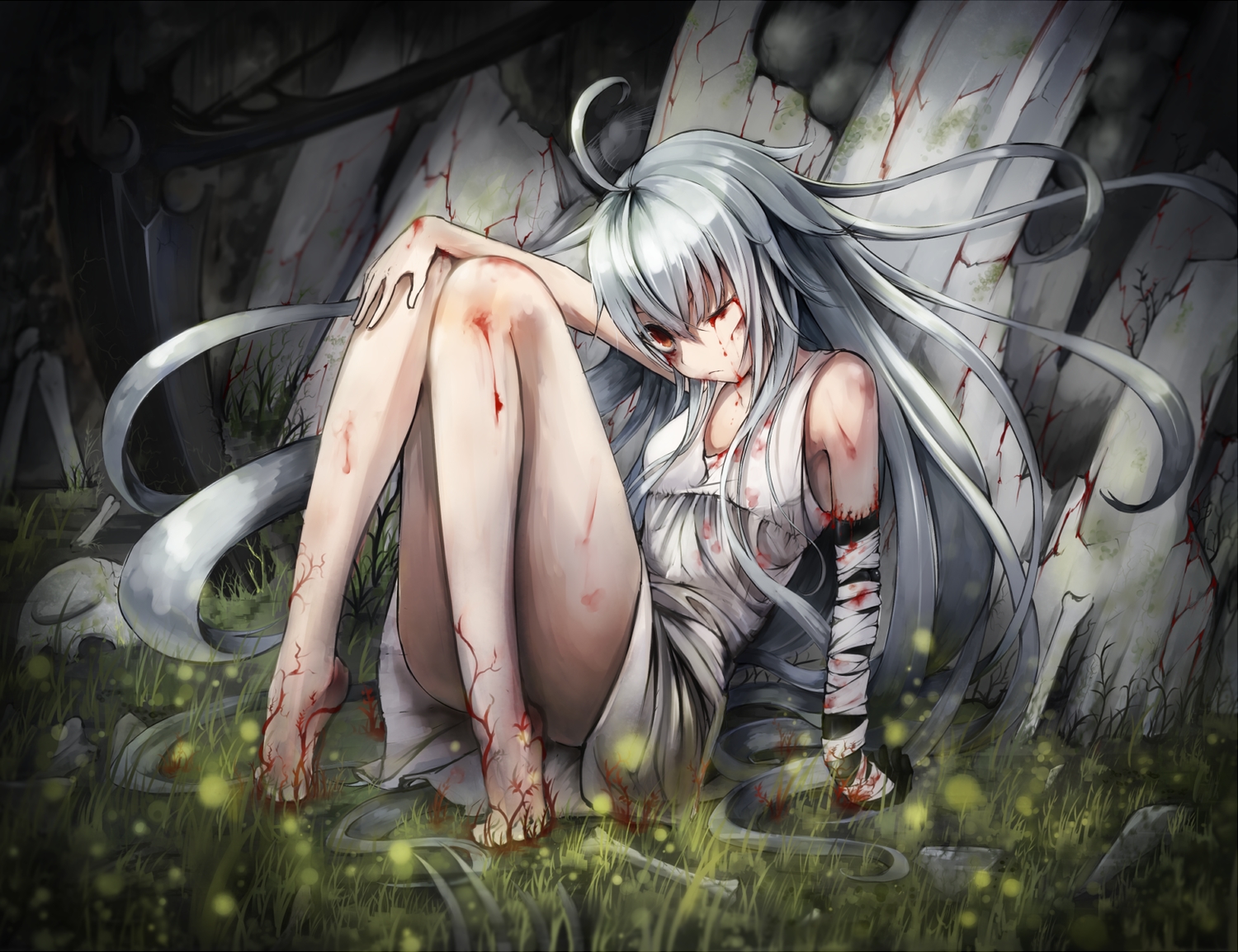 bandage, barefoot, blood, dress, elbow_gloves, gloves, grass, gray_hair, kajaneko, long_hair, original, scythe, tree, weapon