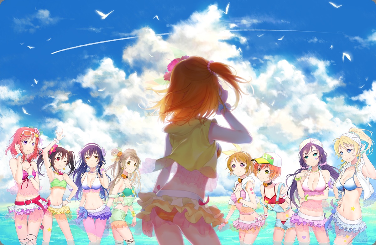 akashirokai, ayase_eri, bikini, group, hoshizora_rin, koizumi_hanayo, kousaka_honoka, love_live!_school_idol_project, minami_kotori, nishikino_maki, sonoda_umi, swimsuit, toujou_nozomi, watermark, yazawa_nico