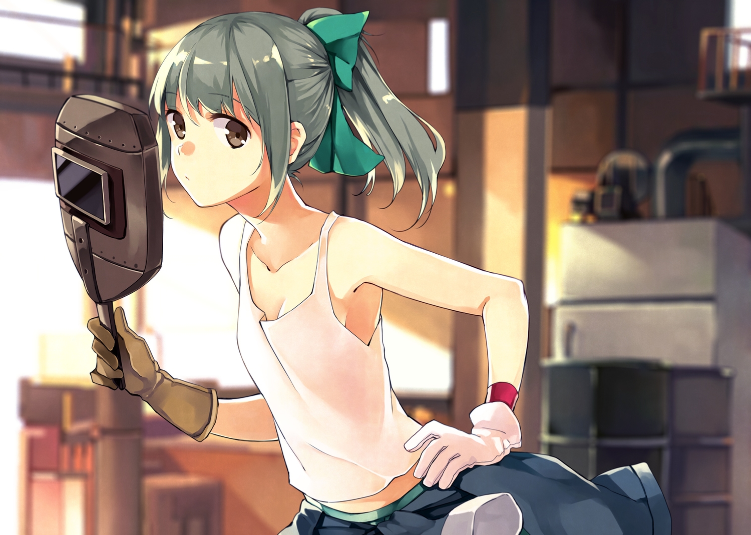 anthropomorphism, bow, brown_eyes, gloves, gray_hair, hao_(patinnko), industrial, kantai_collection, mask, ponytail, wristwear, yuubari_(kancolle)