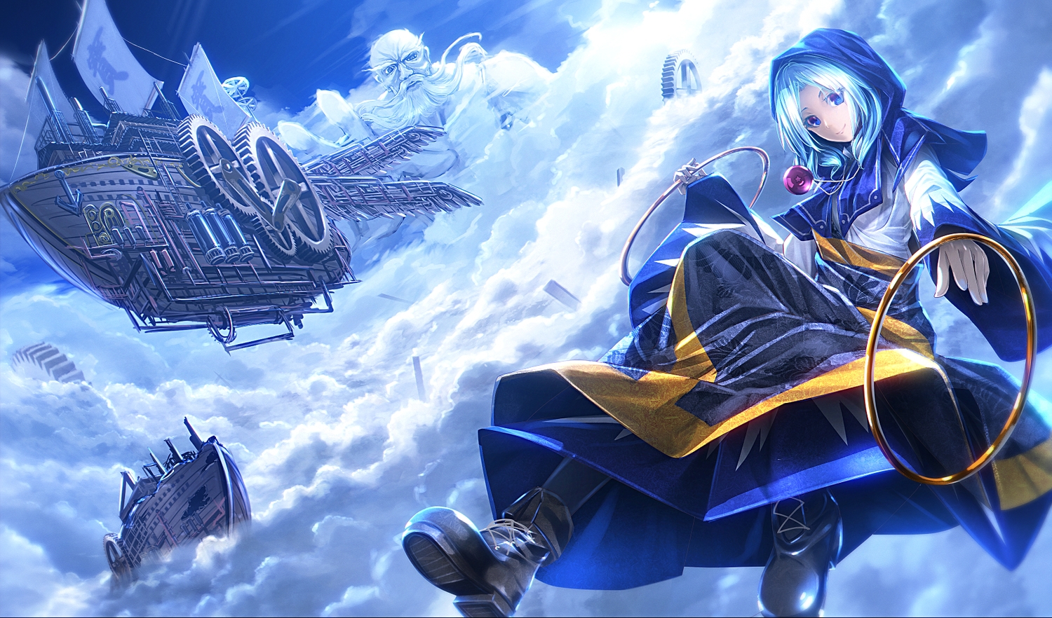 aliasing, aqua_eyes, aqua_hair, blue, boat, boots, clouds, hood, kumoi_ichirin, ryosios, sky, touhou, unzan