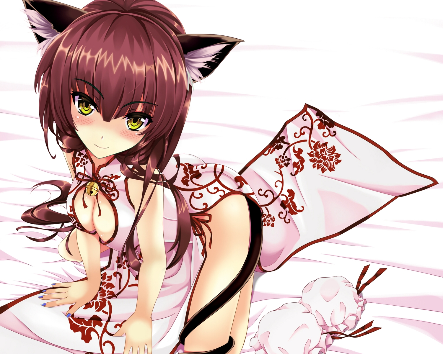 animal_ears, bell, blush, breasts, brown_hair, catgirl, chinese_clothes, chinese_dress, cleavage, cropped, dress, kitou_kaitai, nopan, original, tail, yellow_eyes