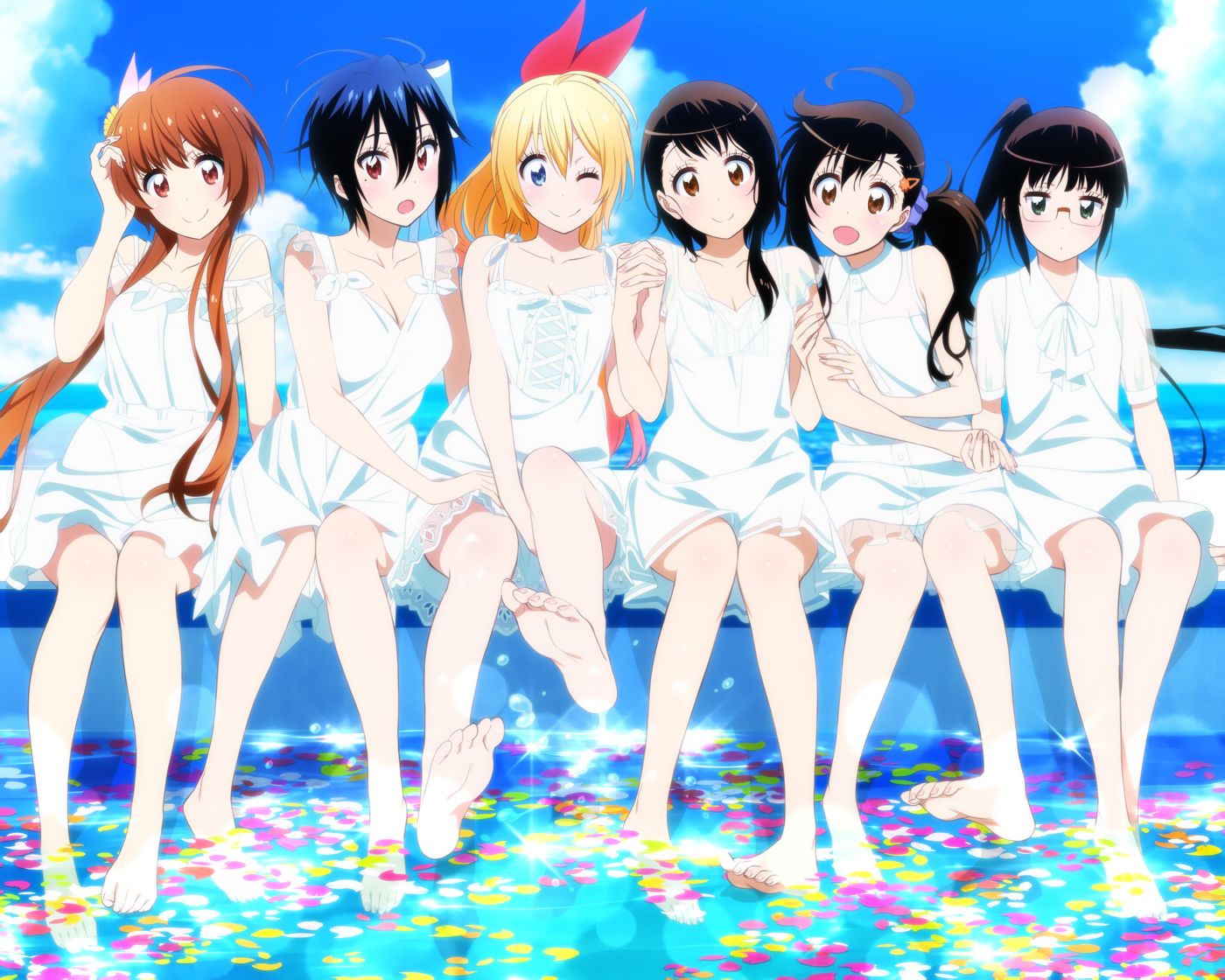 barefoot, cropped, dress, glasses, kirisaki_chitoge, miyamoto_ruri, nisekoi, onodera_haru, onodera_kosaki, see_through, summer_dress, tachibana_marika, tagme_(artist), tsugumi_seishirou, water, wet, wink