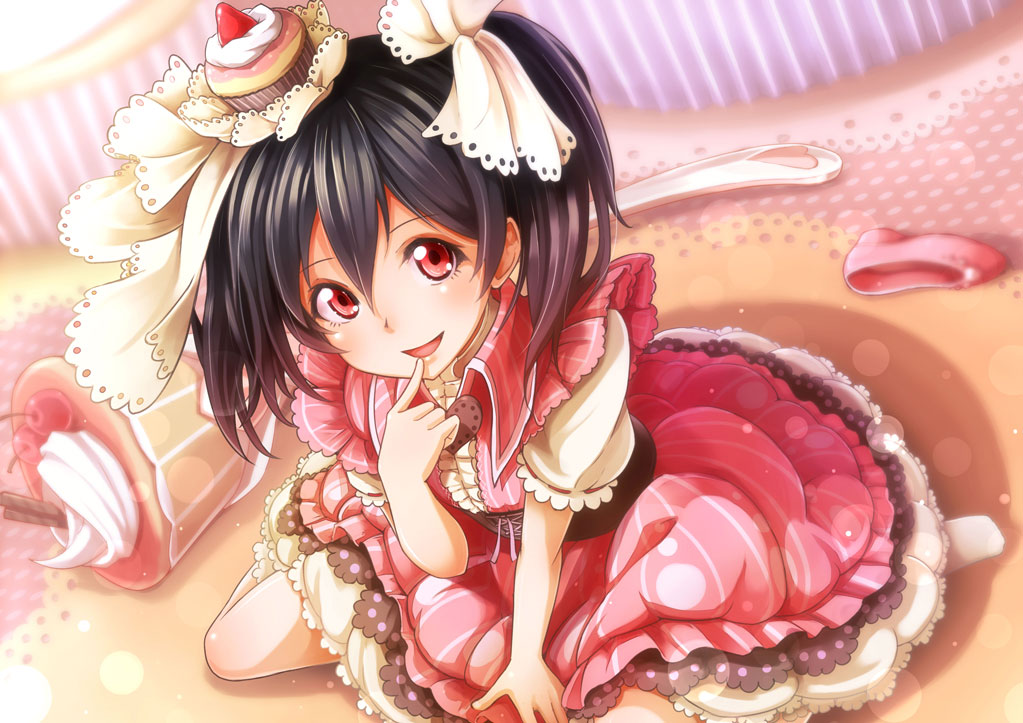 black_hair, cake, dararito, dress, food, jpeg_artifacts, lolita_fashion, love_live!_school_idol_project