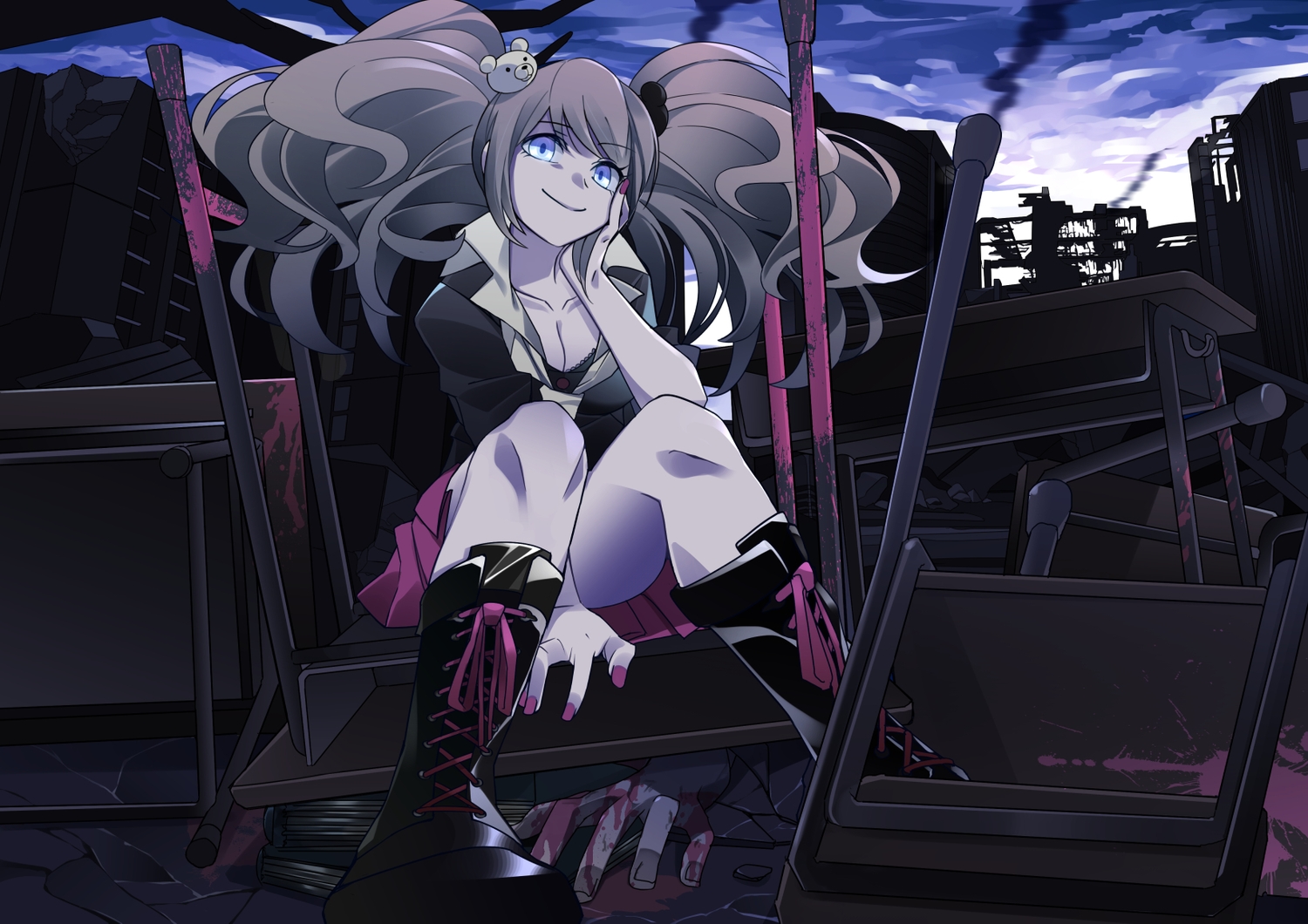 blood, blue_eyes, boots, dangan-ronpa, enoshima_junko, long_hair, ruins, total9, twintails