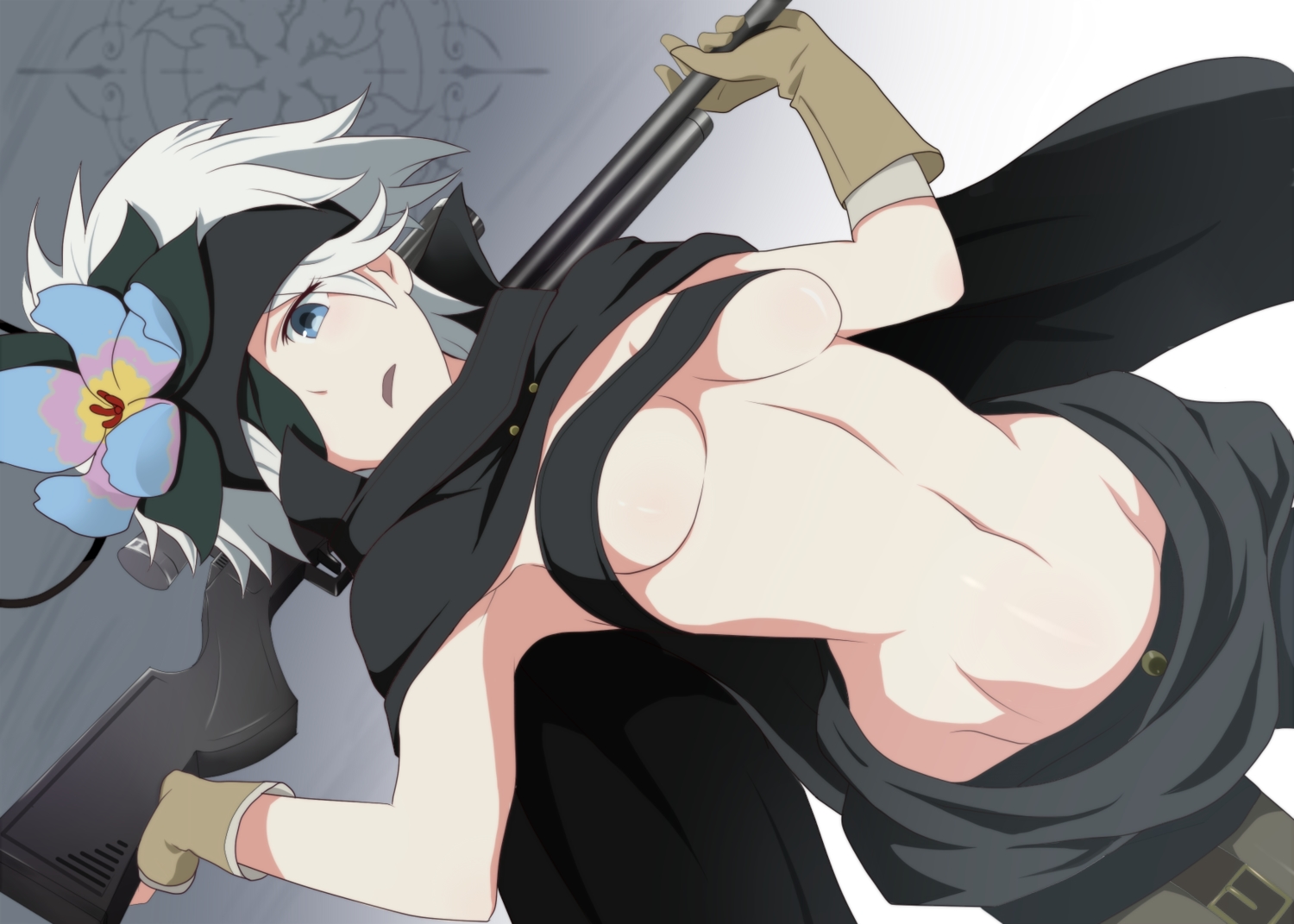 breasts, flamie_speeddraw, gloves, rokka_no_yuusha, siozatou, underboob, weapon