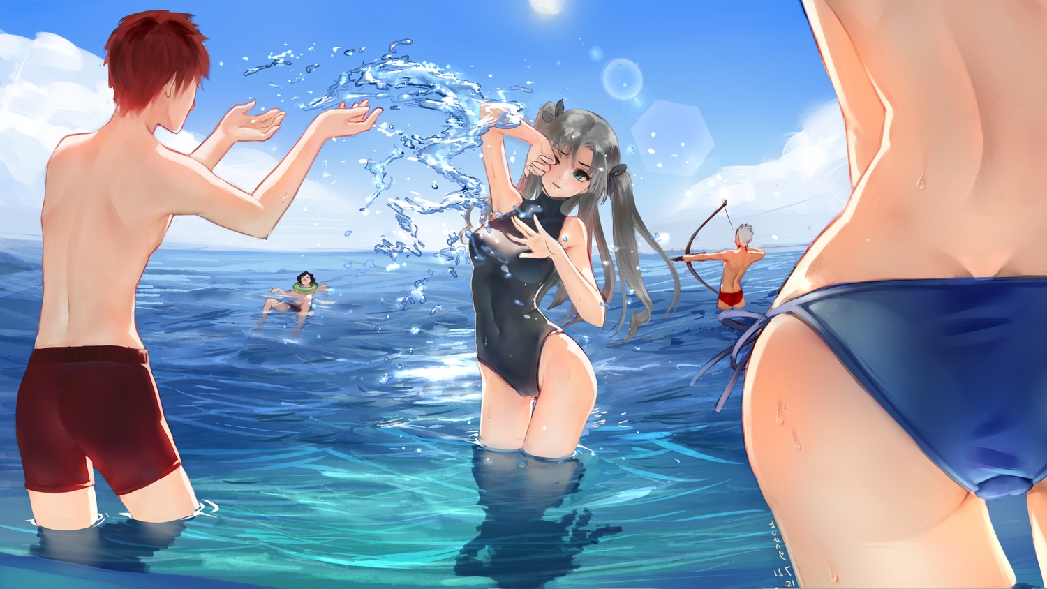 archer, ass, beach, bikini, bow_(weapon), emiya_shirou, fate_(series), fate/stay_night
