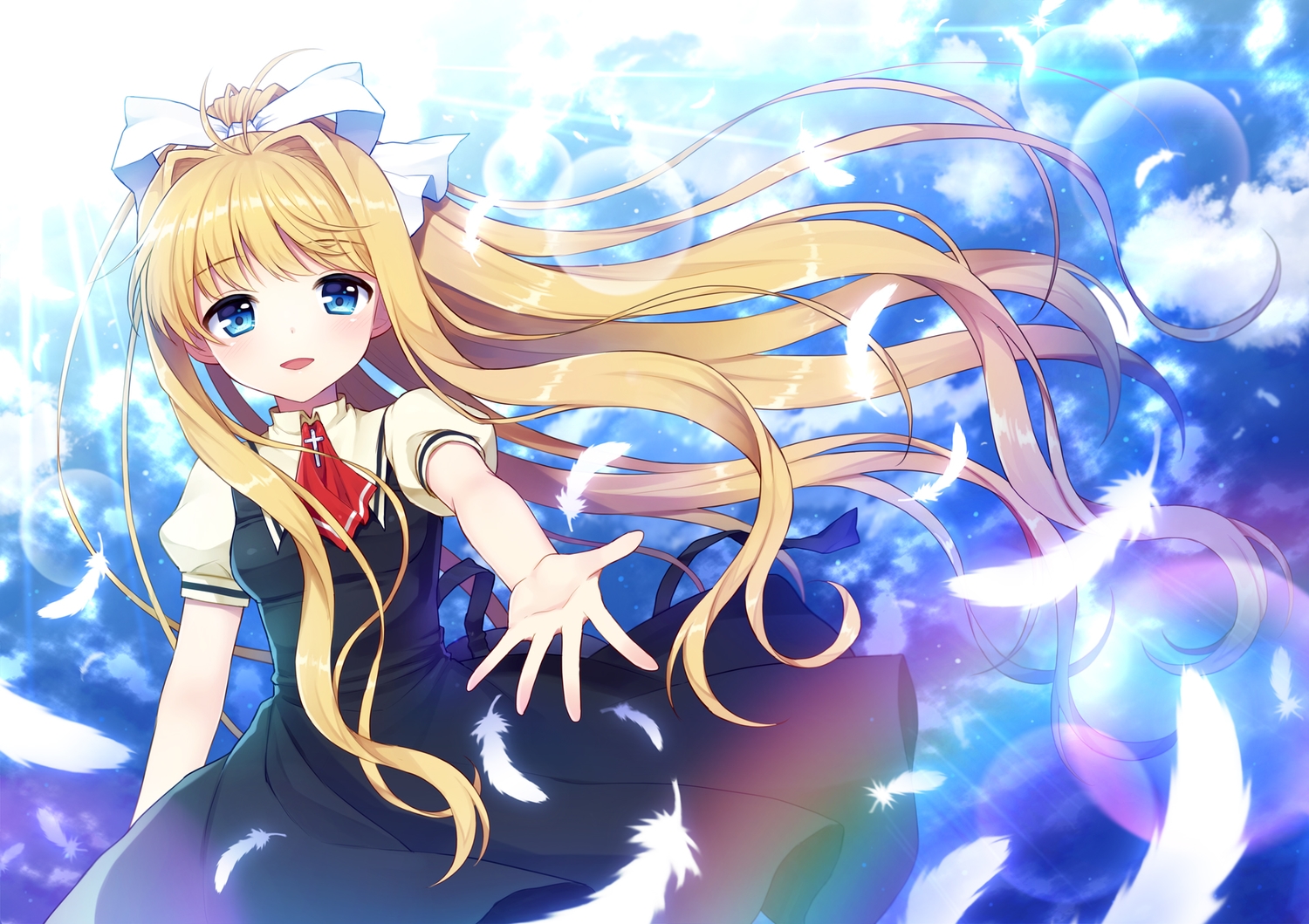 air, blonde_hair, blue_eyes, bow, feathers, kamio_misuzu, long_hair, mauve