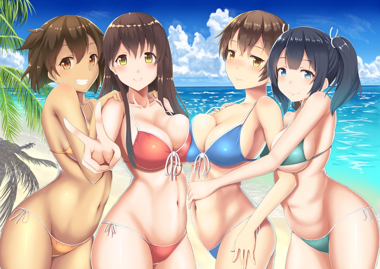 akagi_(kancolle), anthropomorphism, beach, bikini, blush, breasts, cleavage, group, hiryuu_(kancolle), kaga_(kancolle), kantai_collection, navel, souryuu_(kancolle), swimsuit, tree, zukky