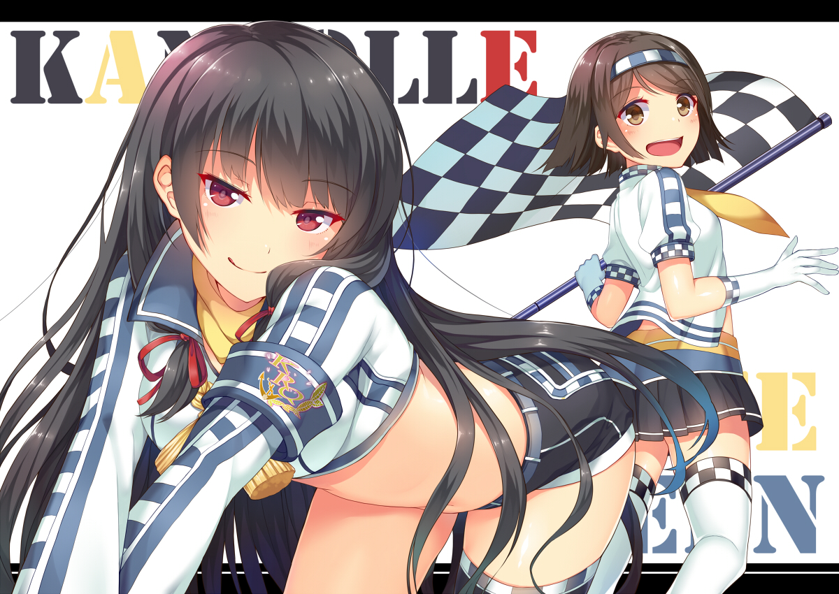 2girls, anthropomorphism, black_hair, headband, horosuke_(toot08), isokaze_(kancolle), kantai_collection, long_hair, red_eyes, short_hair, shorts, skirt, tanikaze_(kancolle), thighhighs, zettai_ryouiki