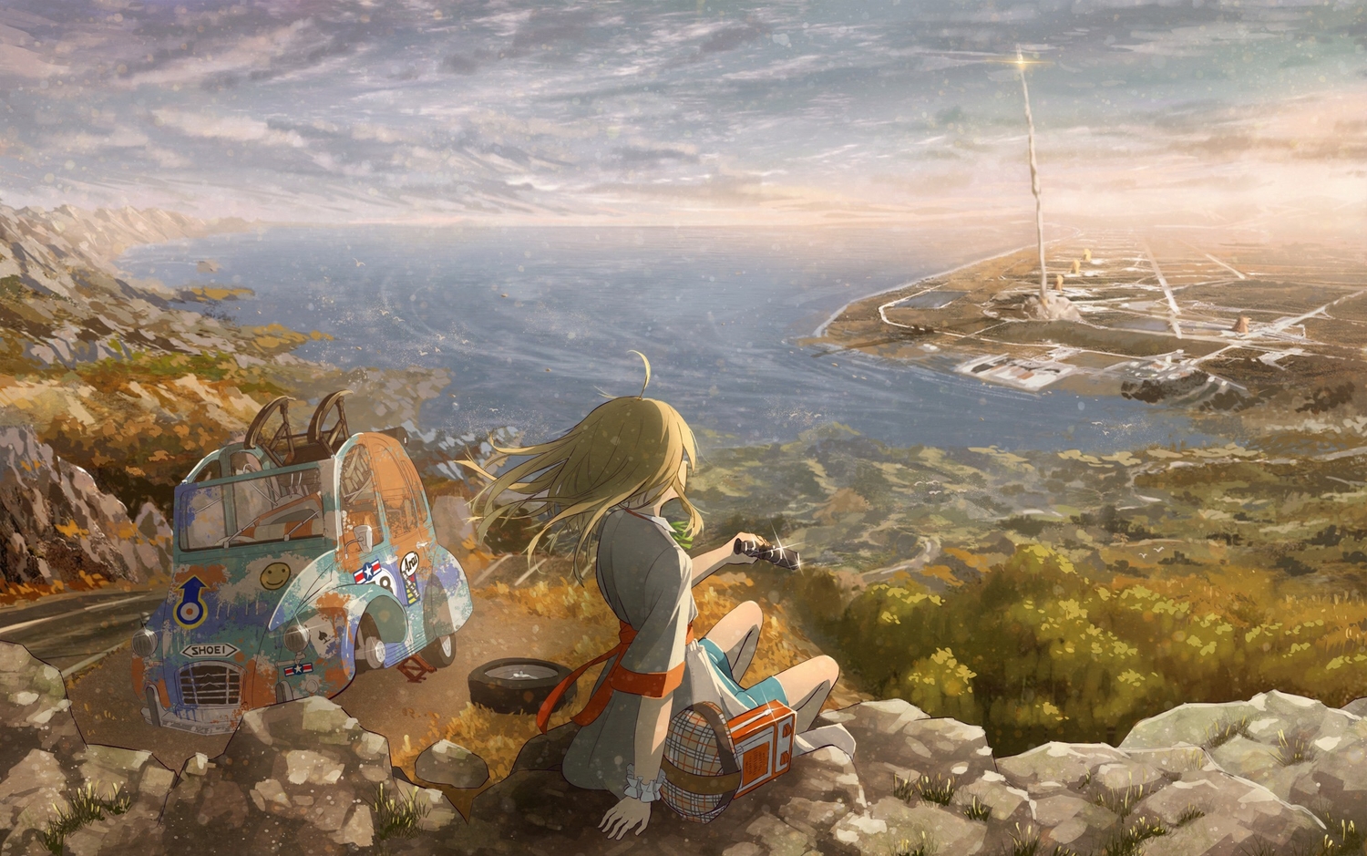 blonde_hair, car, hatsuga_(dmaigmai), landscape, original, scenic, sky, water, wristwear