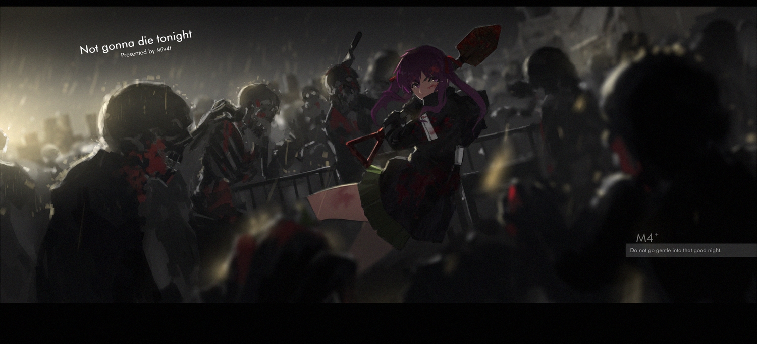 bow, ebisuzawa_kurumi, gakkou_gurashi!, gloves, miv4t, night, purple_eyes, purple_hair, rain, signed, skirt, twintails, water, watermark, weapon
