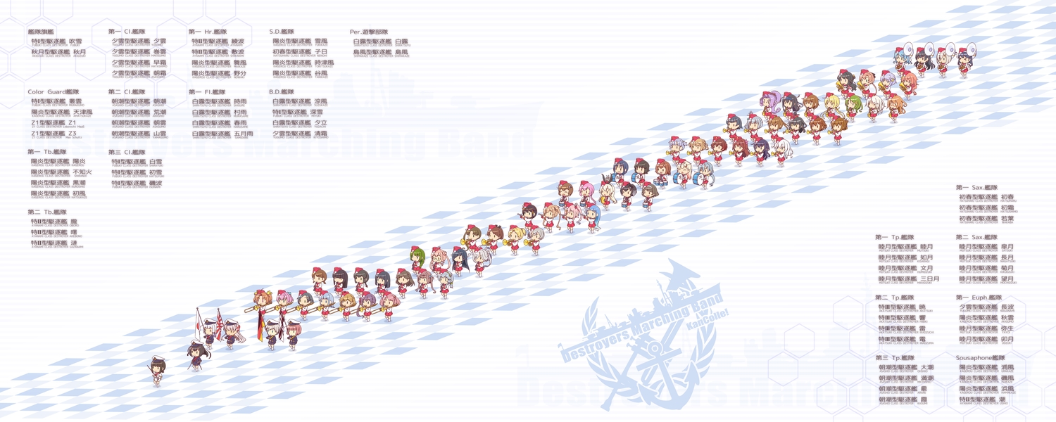 anthropomorphism, chibi, group, instrument, kantai_collection, mumyoudou, tagme_(character), watermark