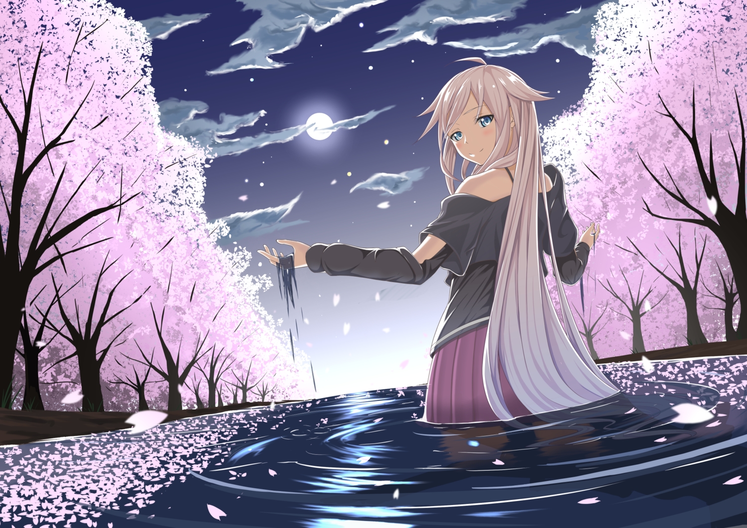 blonde_hair, blue_eyes, cherry_blossoms, clouds, flowers, ia, long_hair, moon, petals, sky, sunset, tsuhiki_koyomi, vocaloid, water, wet