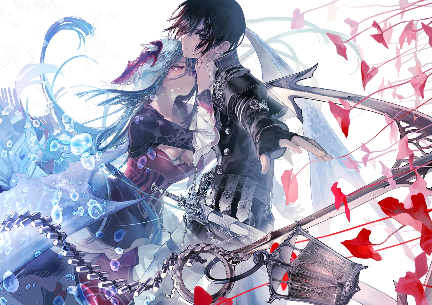 aikawa_kanami, aqua_hair, black_hair, bubbles, isekai_meikyuu_no_saishinbu_wo_mezasou, lastiara_whoseyards, male, short_hair, sword, ukai_saki, weapon