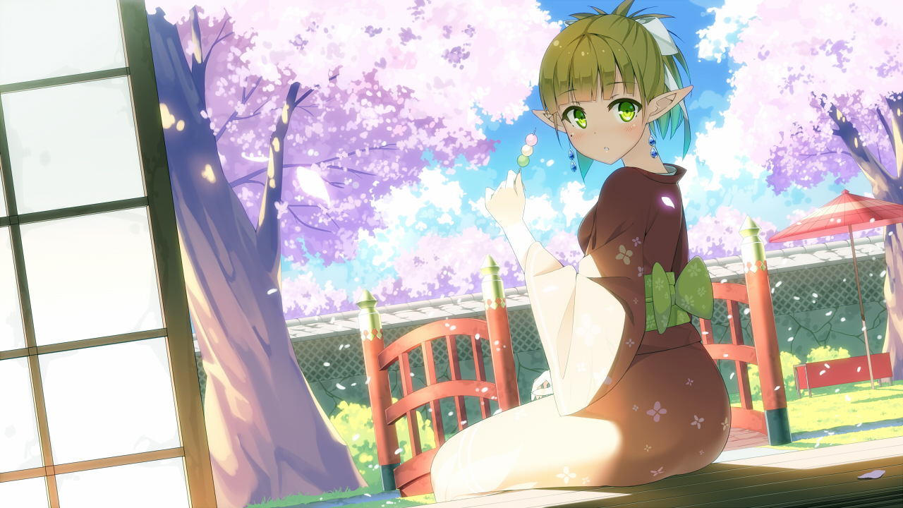 blonde_hair, cherry_blossoms, flowers, food, green_eyes, green_hair, japanese_clothes, kaname_024