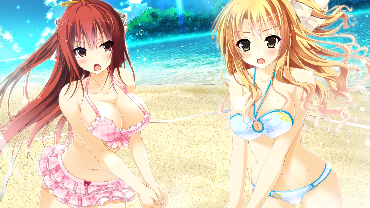beach, bikini, blonde_hair, breasts, cleavage, ecchi_de_hentai!_yakimochi_ojou-sama!!, ensemble_(company), game_cg, kurusugawa_alice, long_hair, ponytail, shiratori_mayu, swimsuit, tagme_(artist)
