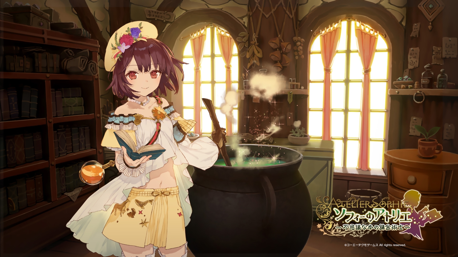 atelier_sophie, book, breasts, brown_eyes, brown_hair, cleavage, flowers, gloves, hat, logo, magic, navel, necklace, noco, short_hair, skirt, sophie_neuenmuller, thighhighs, watermark