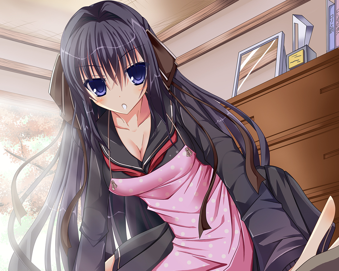 apron, black_hair, blue_eyes, blush, breasts, cleavage, cropped, long_hair