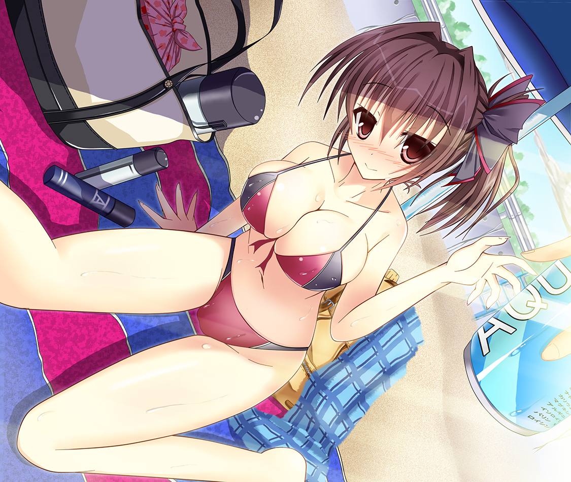 beach, bikini, blush, brown_eyes, brown_hair, drink, navel, original