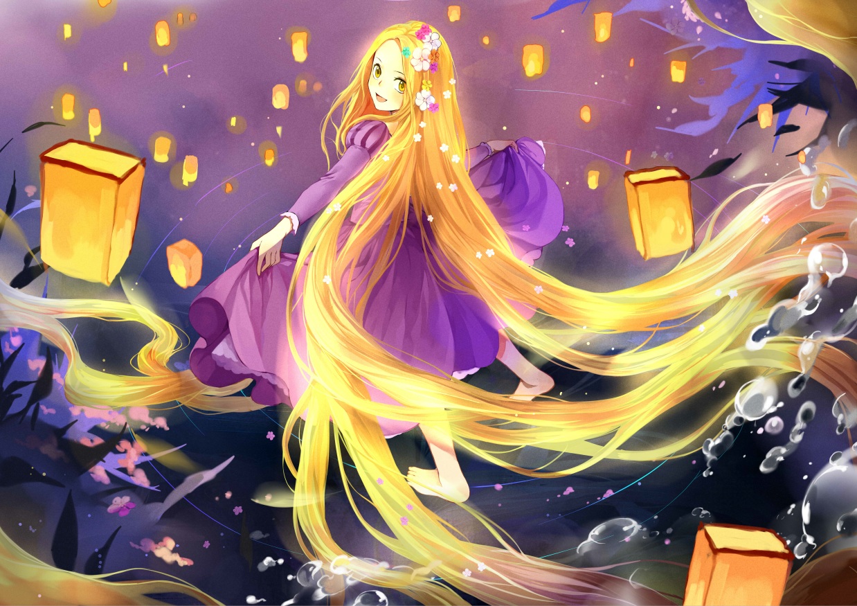 barefoot, blonde_hair, bubbles, dress, koyuiko, long_hair, rapunzel_(disney), tangled