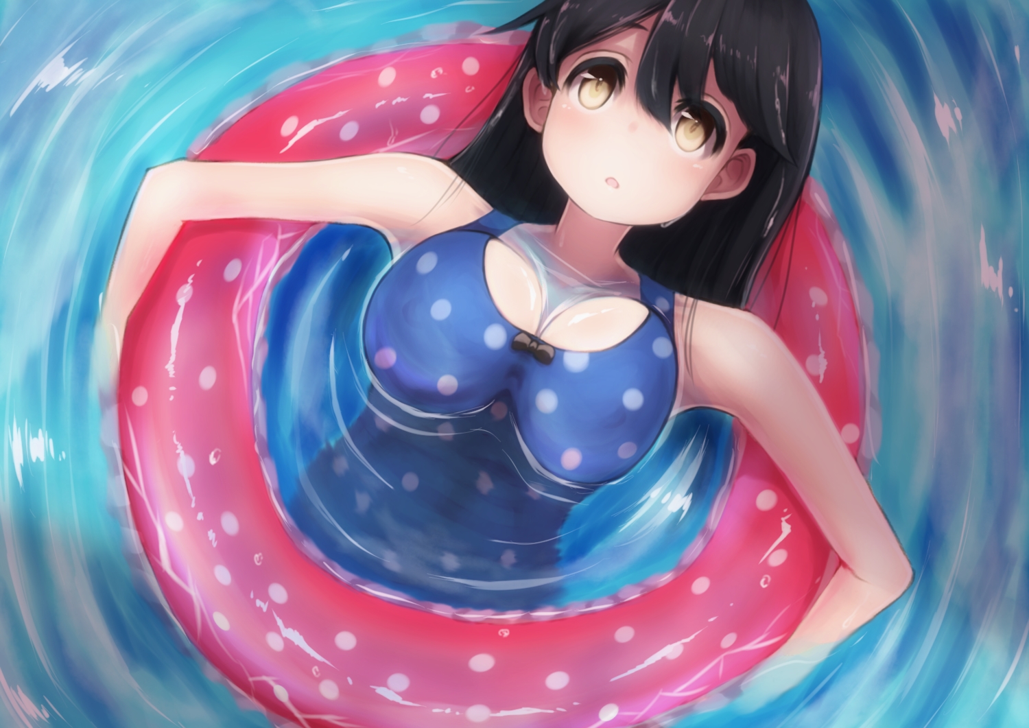 anthropomorphism, black_hair, breasts, cleavage, kantai_collection, long_hair, nabeo, swim_ring, swimsuit, ushio_(kancolle), water, wet