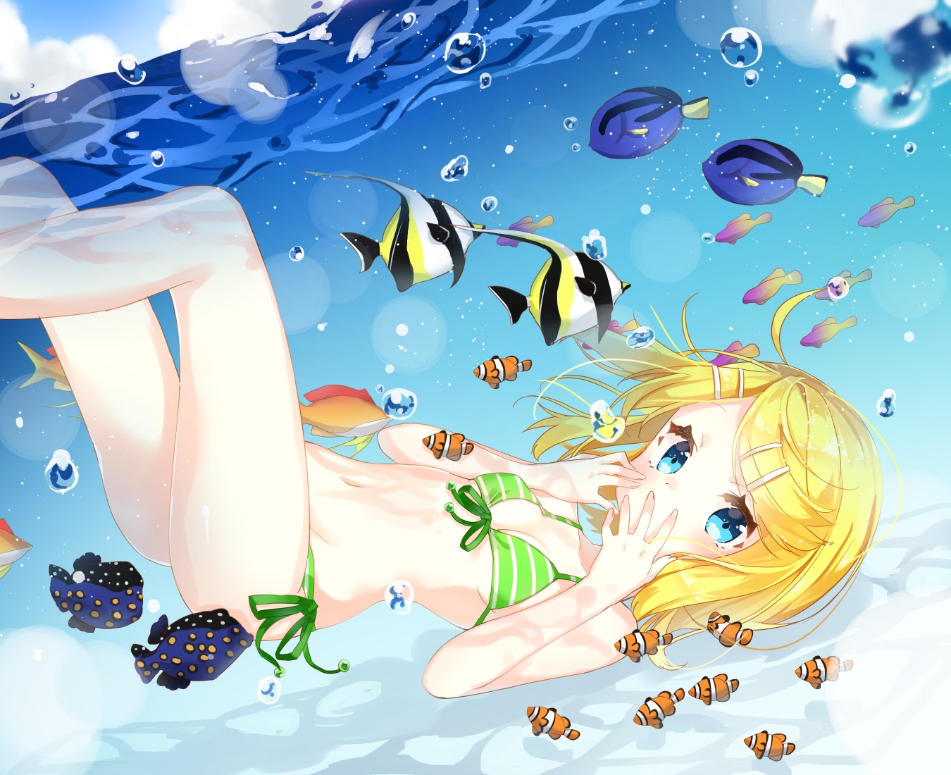 animal, aqua_eyes, bikini, blonde_hair, bubbles, fish, jimmy_madomagi, kagamine_rin