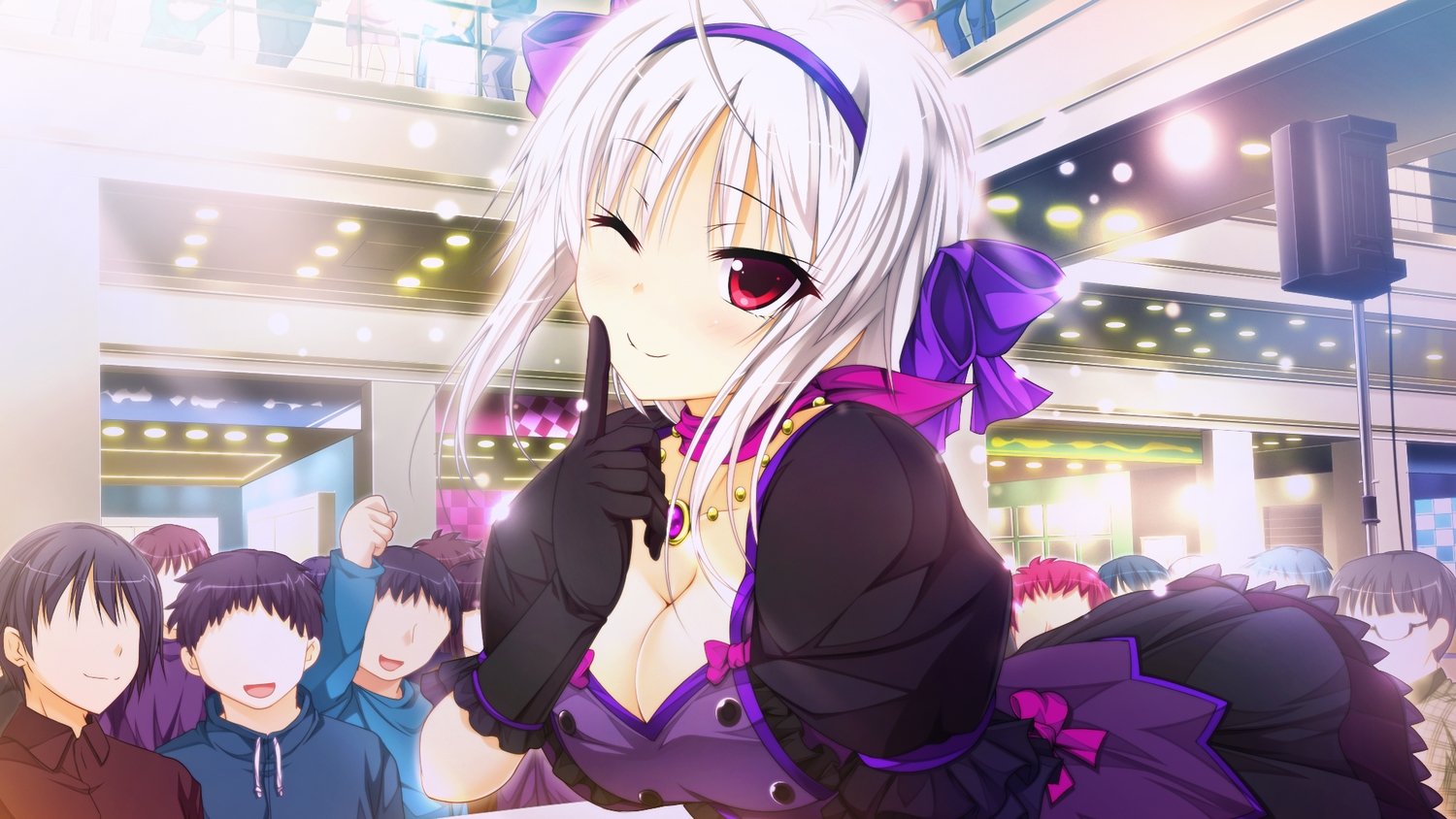 bow, breasts, cleavage, dress, ecchi_de_hentai!_yakimochi_ojou-sama!!, ensemble_(company), game_cg, gloves, group, headband, kagami_hibiki_(ecchi_de_hentai), male, necklace, red_eyes, satofuji_masato, scarf, white_hair, wink