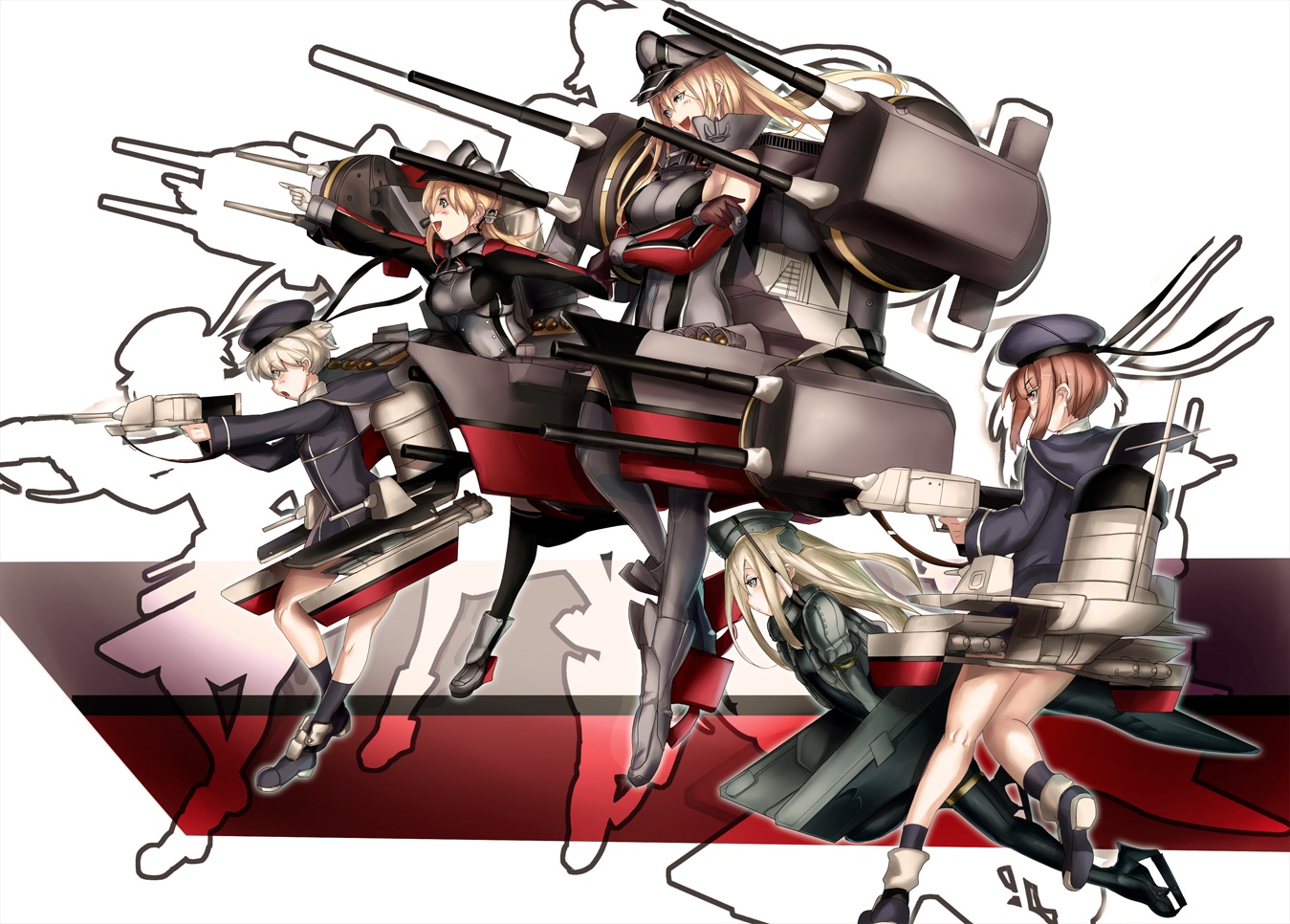 anthropomorphism, bismarck_(kancolle), blonde_hair, blue_eyes, blush, bodysuit, brown_eyes, brown_hair