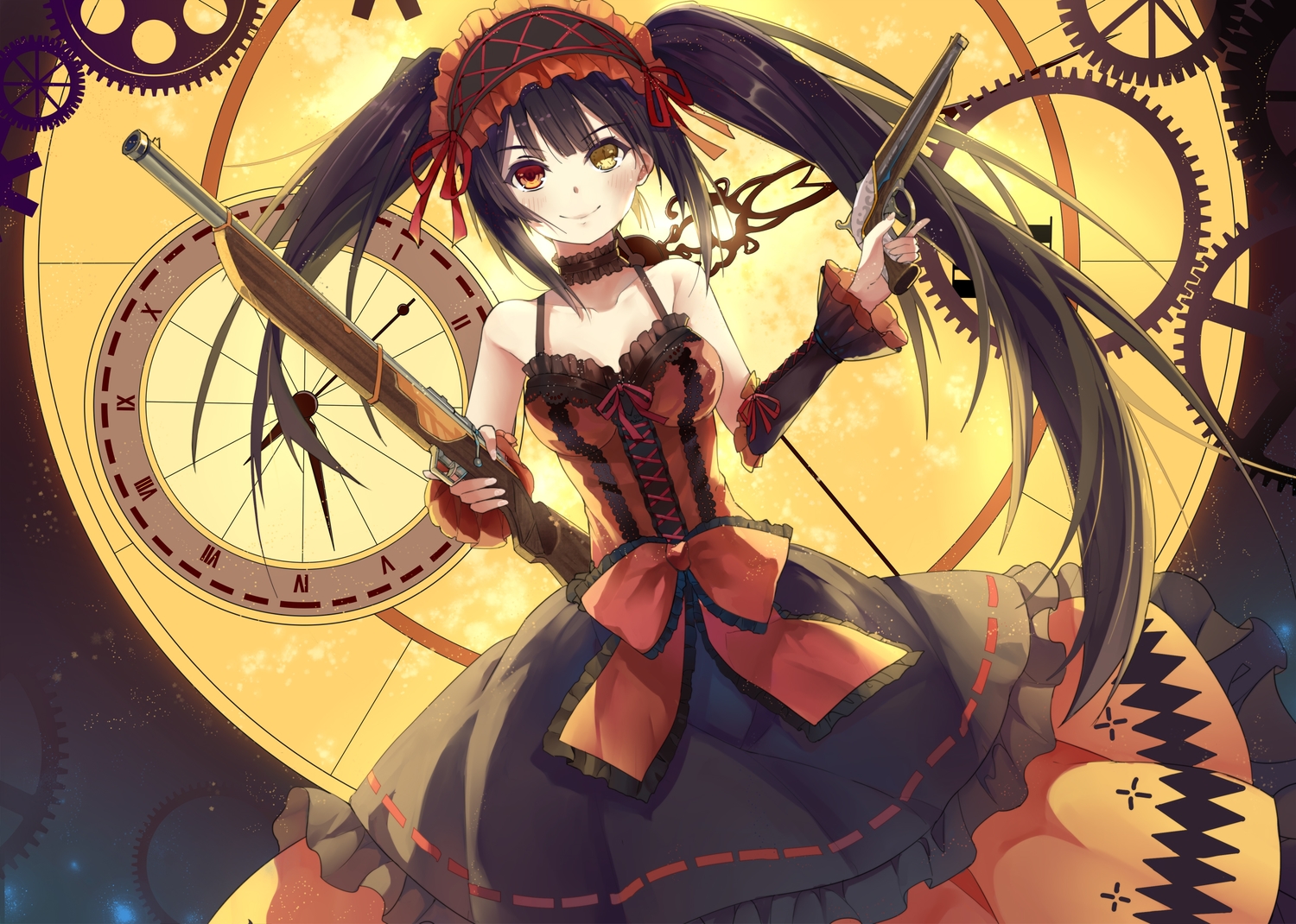 bicolored_eyes, choker, date_a_live, dress, gothic, goth-loli, gun, haraguroi_you