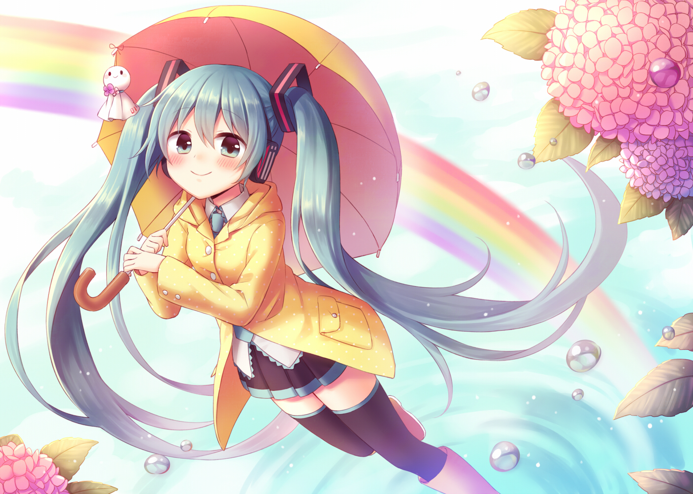 amane_kurumi, blush, boots, flowers, hatsune_miku, leaves, rainbow, skirt