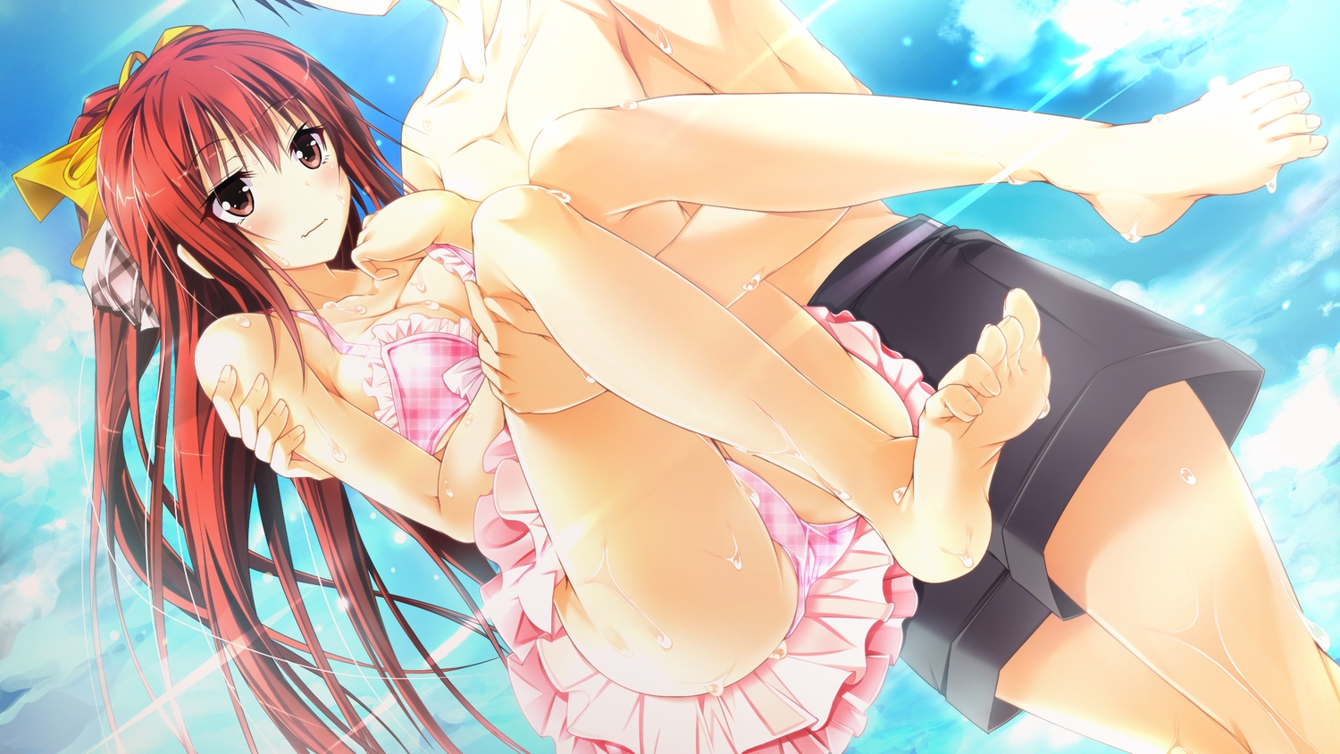 barefoot, bikini, breasts, ecchi_de_hentai!_yakimochi_ojou-sama!!, ensemble_(company), game_cg, ponytail, red_hair, shiratori_mayu, swimsuit, tagme_(artist), underwear, wet