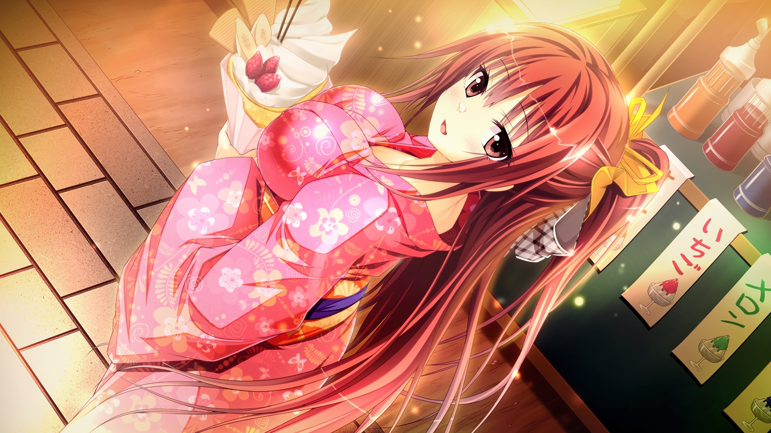 ecchi_de_hentai!_yakimochi_ojou-sama!!, ensemble_(company), food, game_cg, ice_cream, japanese_clothes, kimono, long_hair, ponytail, red_hair, satofuji_masato, shiratori_mayu