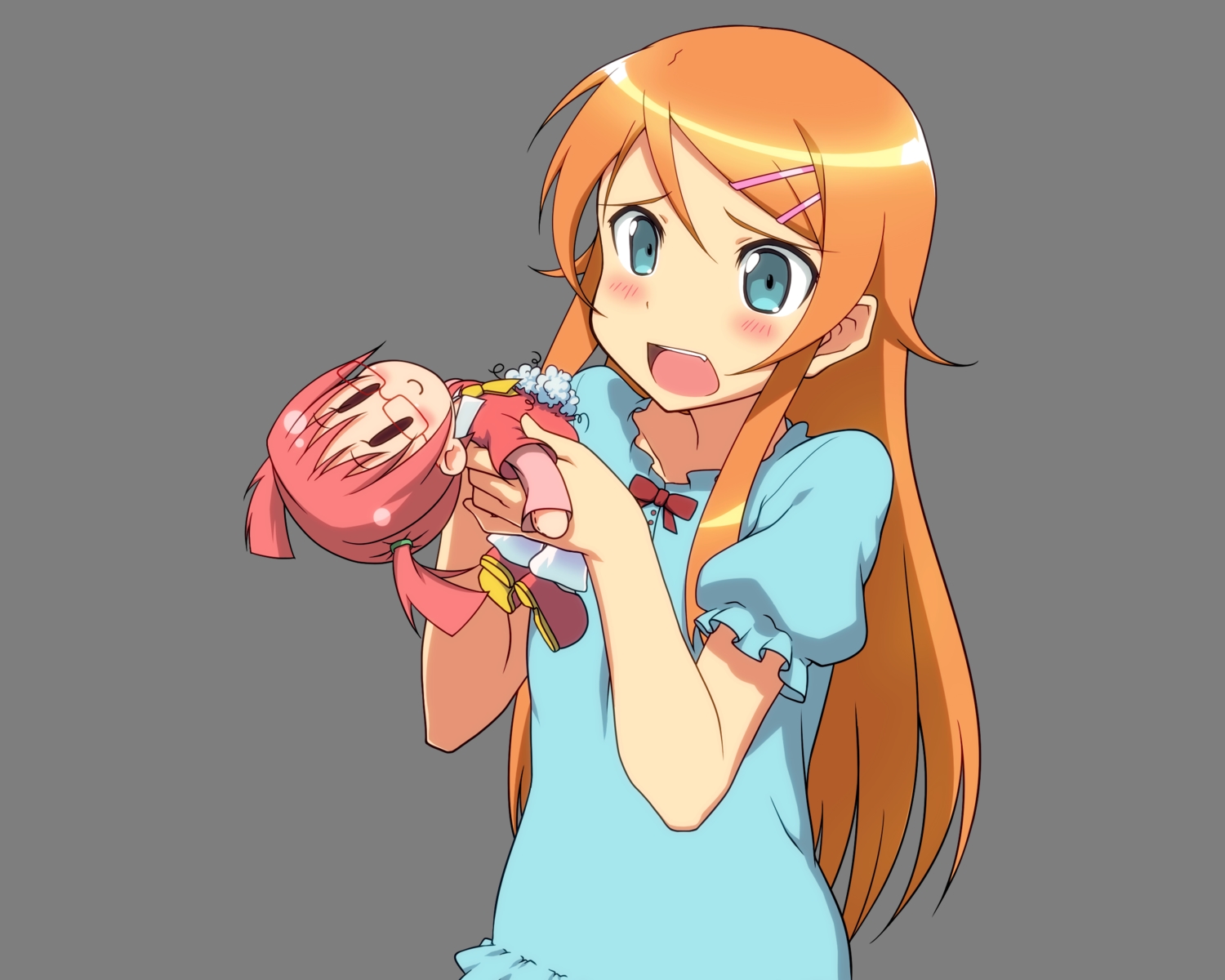 aqua_eyes, blush, doll, fang, gray, kousaka_kirino, long_hair, midiman