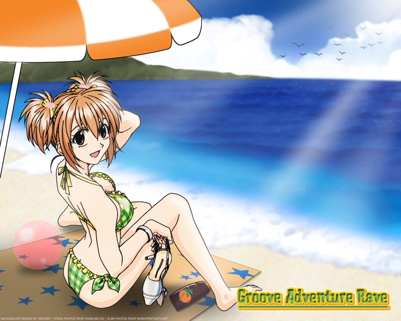 ball, beach, bikini, brown_eyes, groove_adventure_rave, sky, swimsuit, tagme