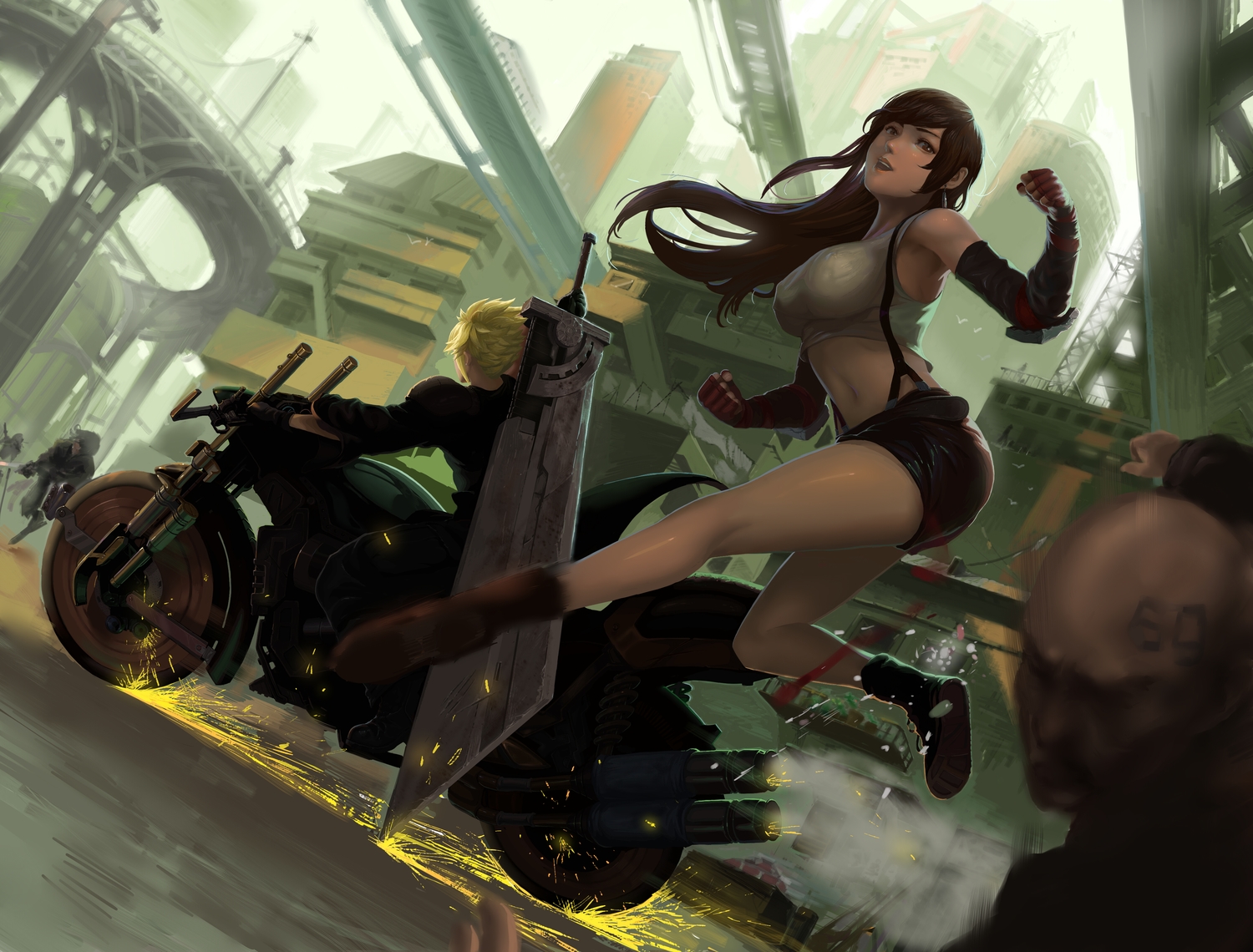 blonde_hair, boots, brown_eyes, brown_hair, building, city, cloud_strife, elbow_gloves, final_fantasy, final_fantasy_vii, gloves, kick, long_hair, male, motorcycle, navel, short_hair, shorts, sword, tifa_lockhart, weapon, zymv587