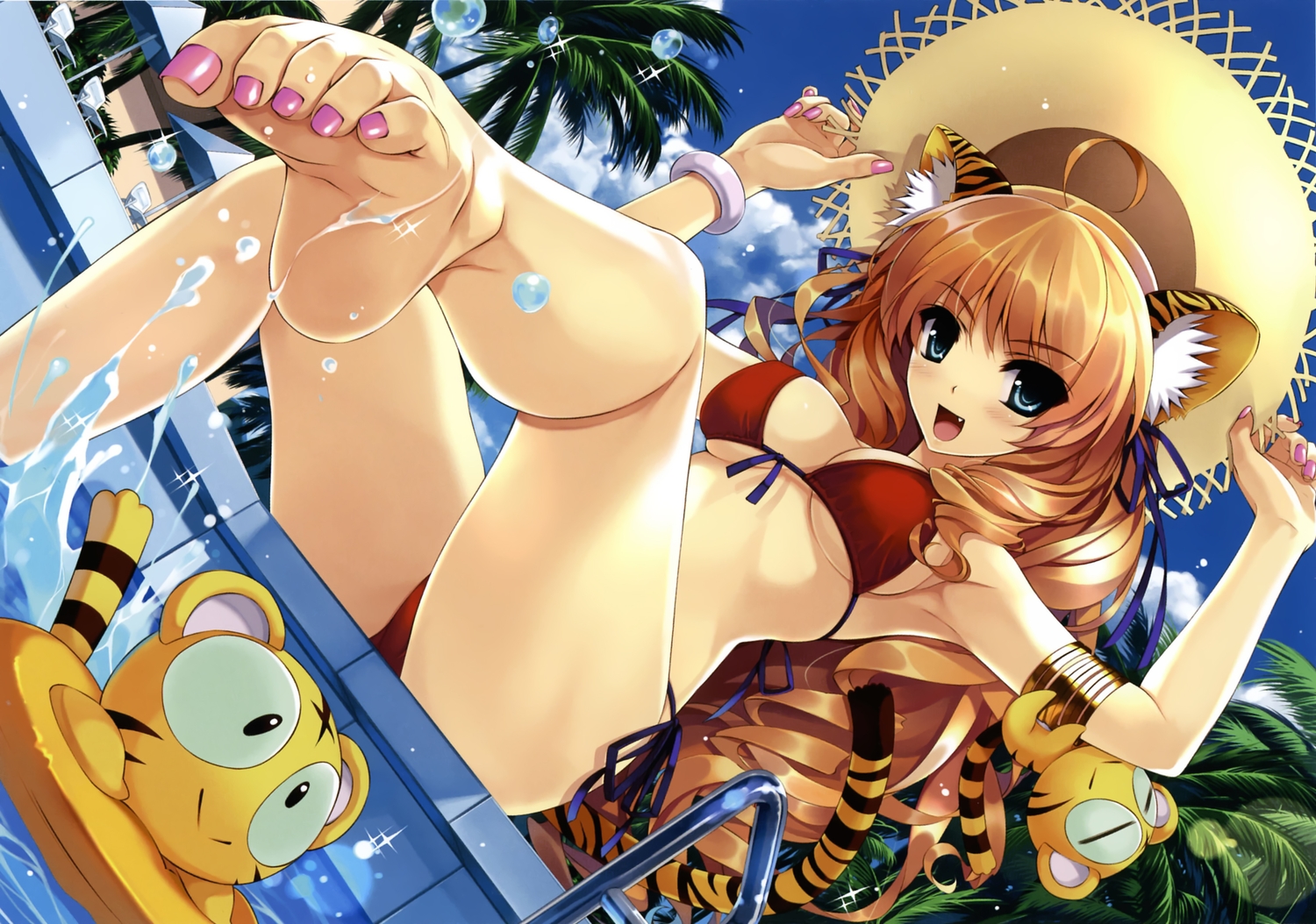 animal, animal_ears, aqua_eyes, barefoot, bikini, breasts, catgirl, cradle