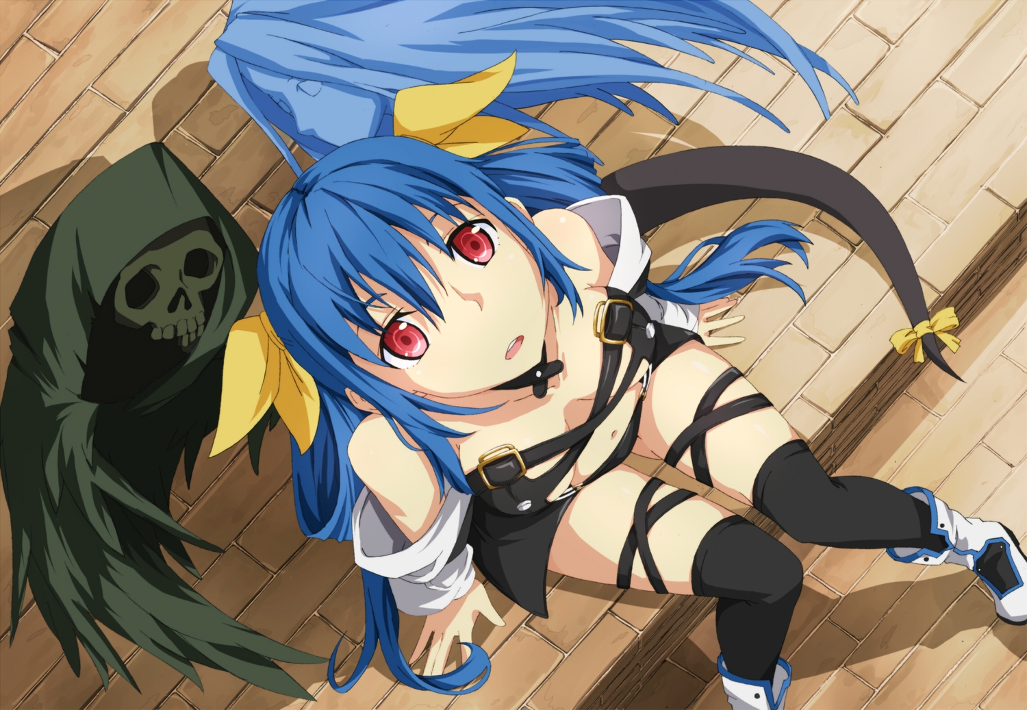 blue_hair, breasts, cleavage, dizzy, guilty_gear, long_hair, nagioka, no_bra, red_eyes, tail, thighhighs, twintails, wings