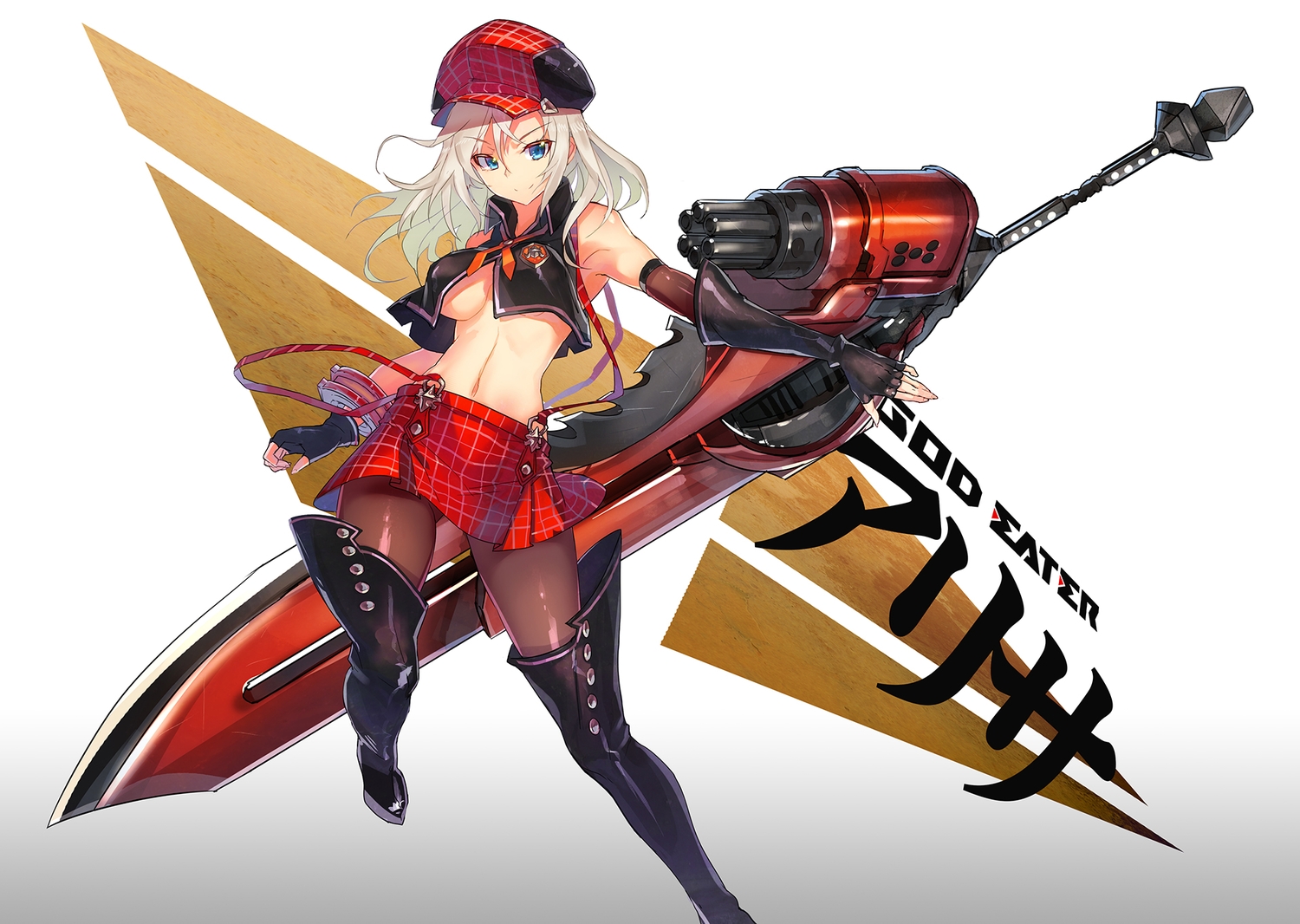 alisa_ilinichina_amiella, blue_eyes, boots, breasts, elbow_gloves, gloves, god_eater, gradient, gray_hair, hat, no_bra, pantyhose, skirt, underboob, weapon, wei_(hoshieve), wristwear