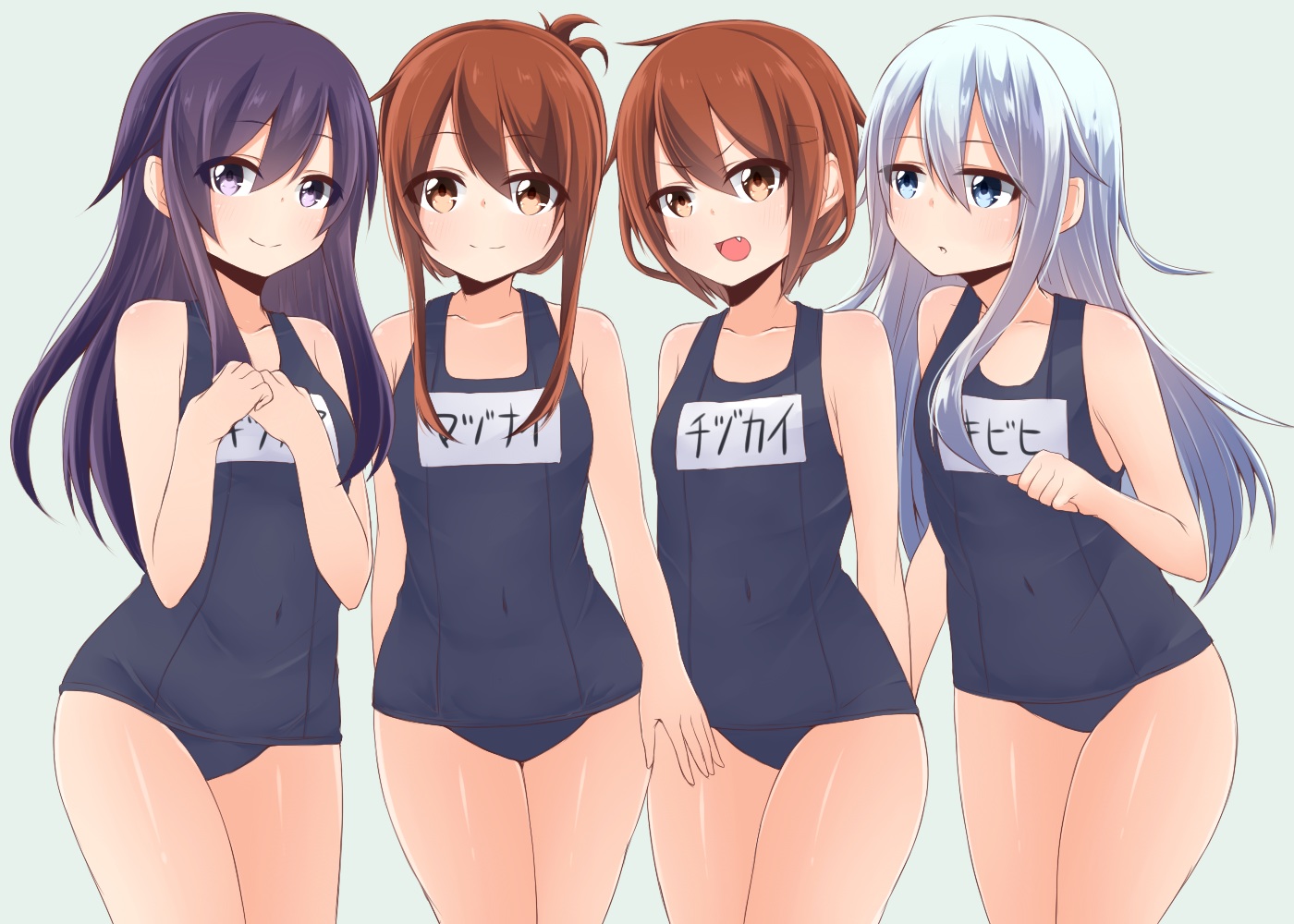 akatsuki_(kancolle), anthropomorphism, black_hair, blue_eyes, brown_eyes, brown_hair, fang, gray, gray_hair, group, hibiki_(kancolle), hoshimiya_aki, ikazuchi_(kancolle), inazuma_(kancolle), kantai_collection, purple_eyes, school_swimsuit, swimsuit