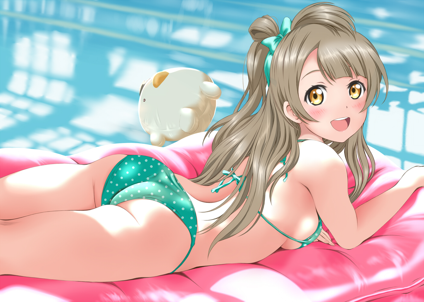 ass, bikini, blush, bow, breasts, brown_hair, keisuke_(0320030103200301), long_hair, love_live!_school_idol_project, minami_kotori, pool, swimsuit, water, yellow_eyes