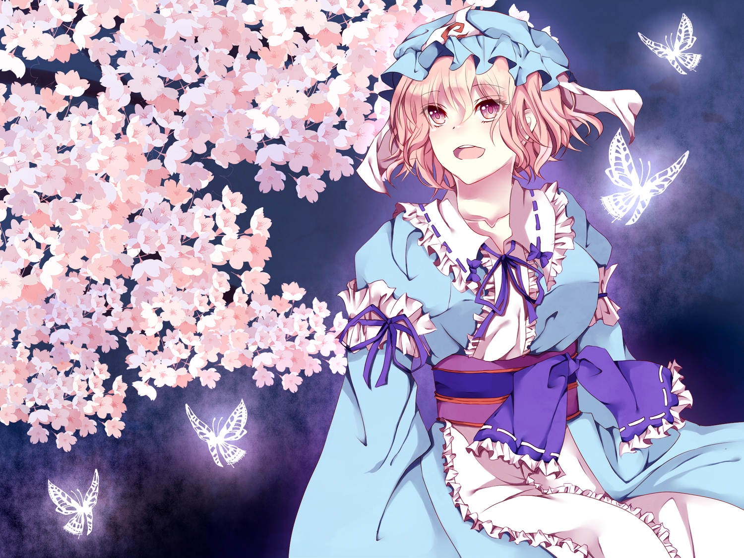 butterfly, cherry_blossoms, flowers, hat, japanese_clothes, kimono, pink_eyes, pink_hair
