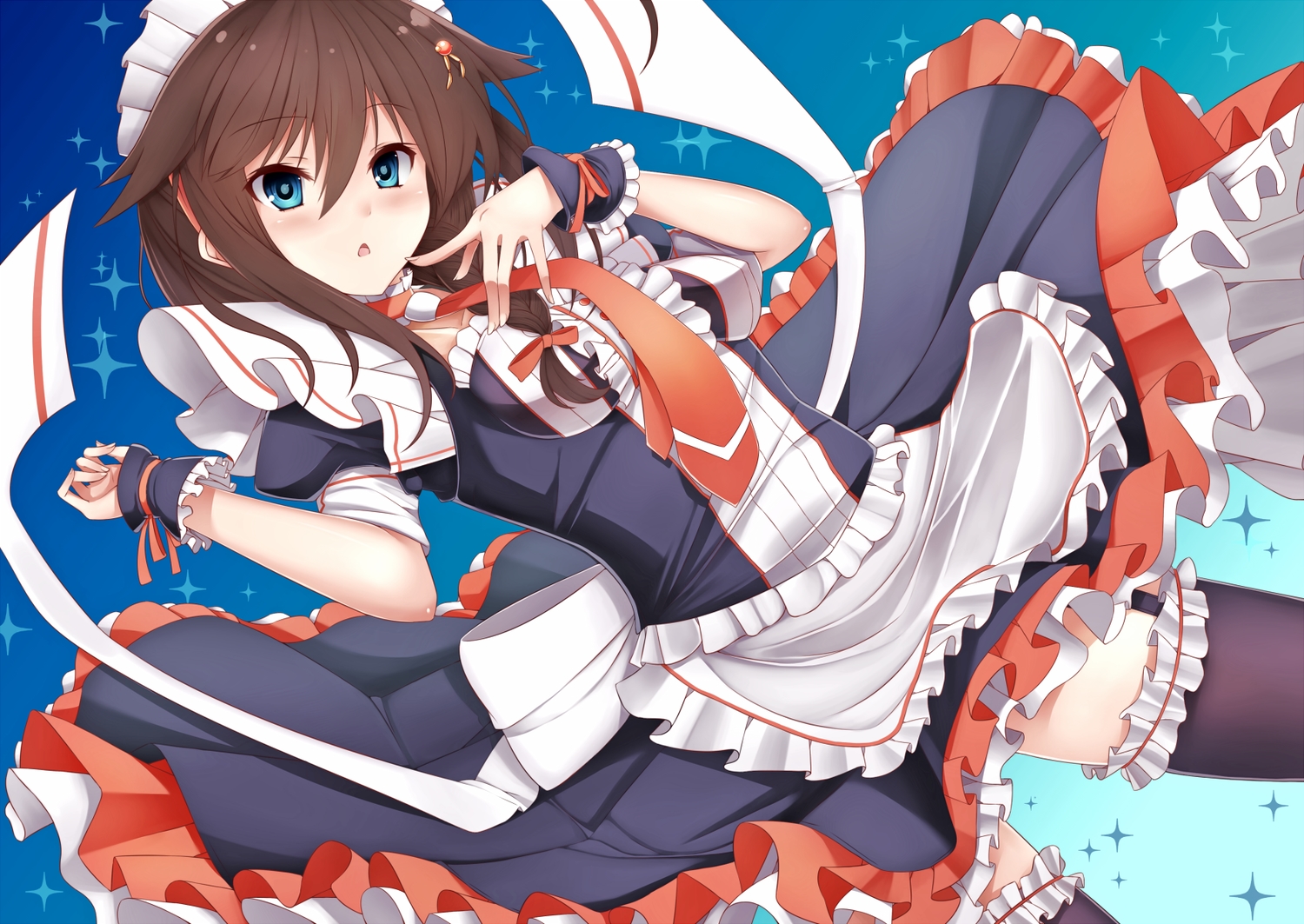 anthropomorphism, blue_eyes, brown_hair, garter, headband, kantai_collection, maid, shigure_(kancolle)