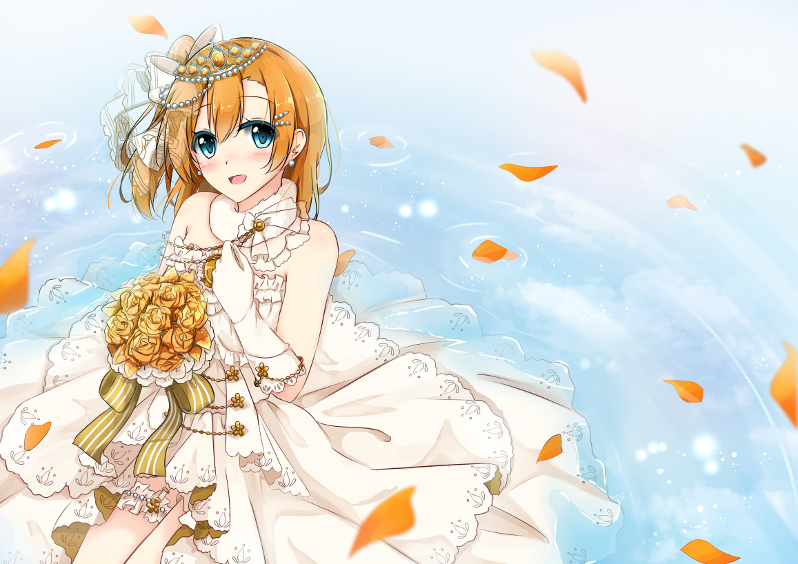 aqua_eyes, blush, bow, flowers, gloves, kousaka_honoka, long_hair, love_live!_school_idol_project