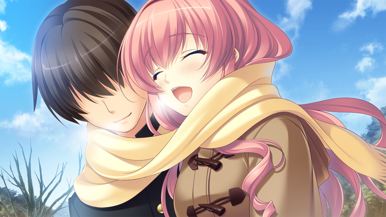 brown_hair, close, clouds, game_cg, himeji_sara, kamidere, long_hair, male, pink_hair, scarf, sky, tokunaga_shinya