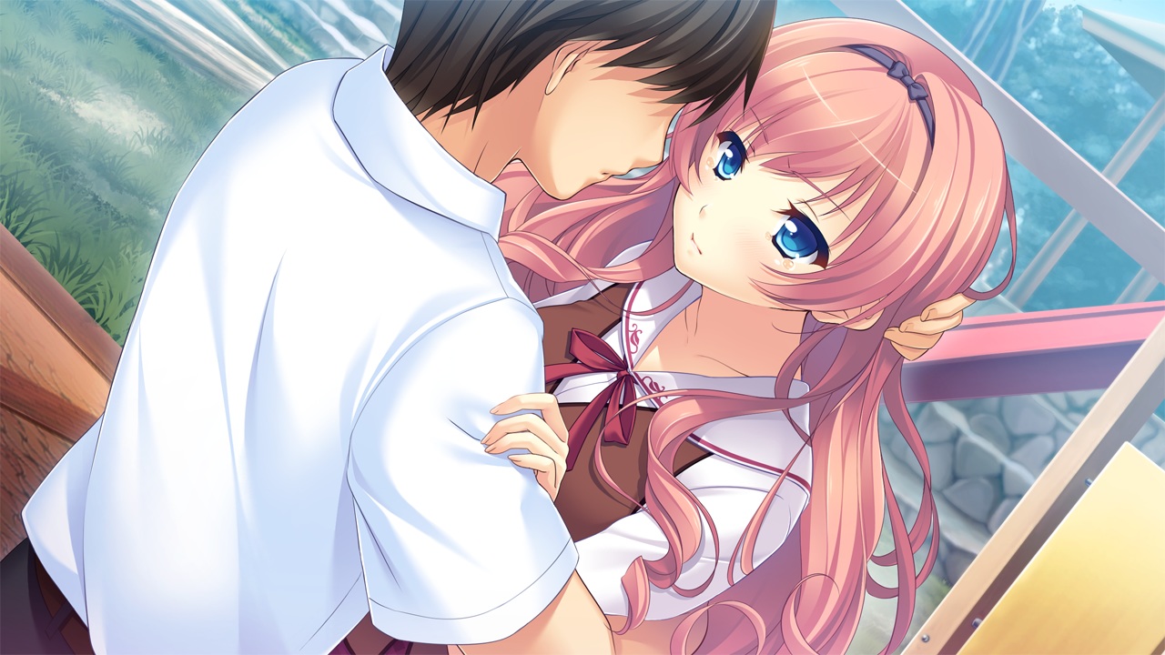 blue_eyes, brown_hair, close, game_cg, grass, headband, himeji_sara, kamidere, long_hair, male, pink_hair, school_uniform, stairs, tears, tokunaga_shinya