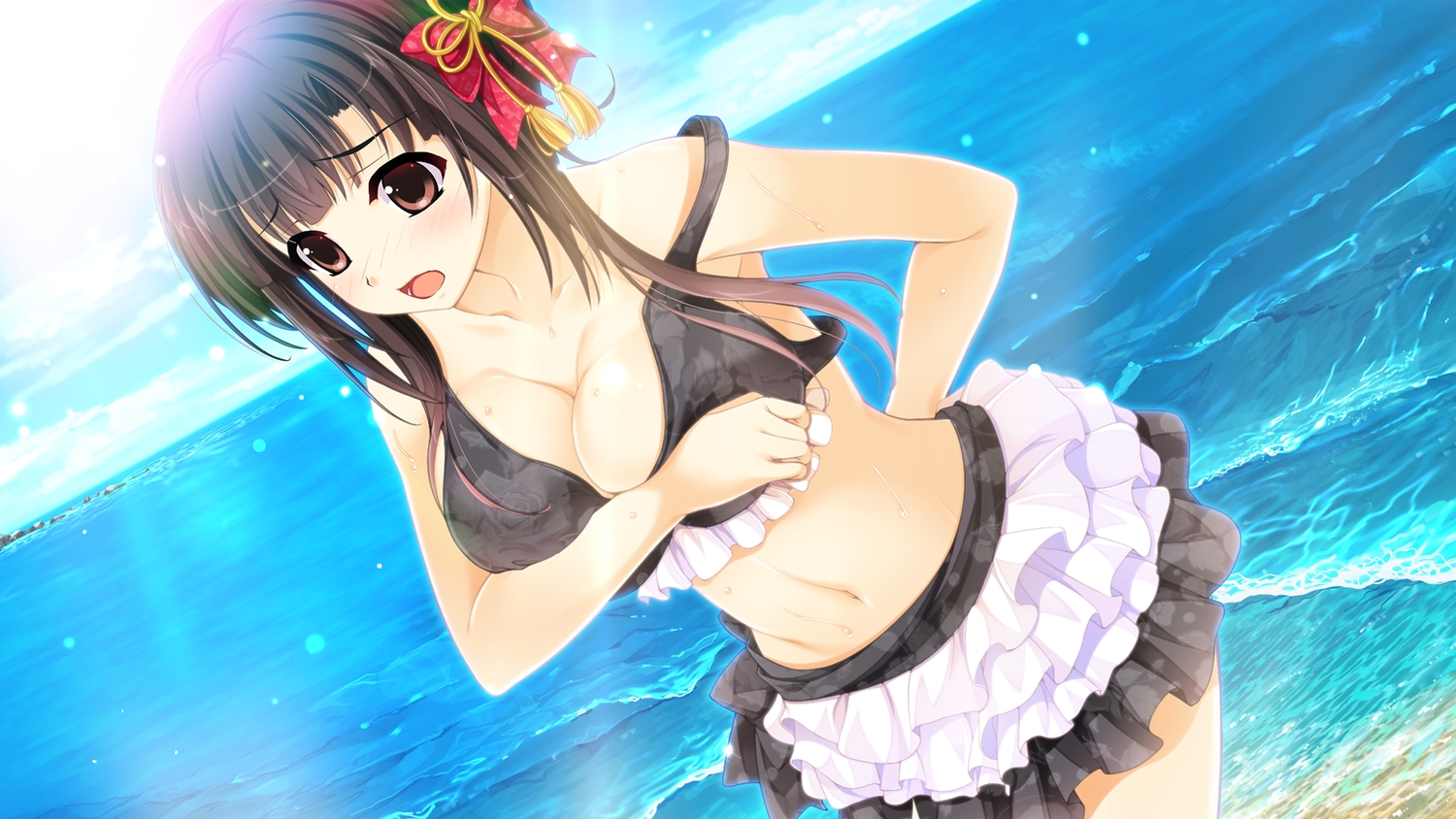 beach, bikini, breast_hold, breasts, brown_eyes, brown_hair, cleavage, ecchi_de_hentai!_yakimochi_ojou-sama!!, ensemble_(company), game_cg, kichi_hyuuma, navel, shinomori_kazuha, swimsuit, water
