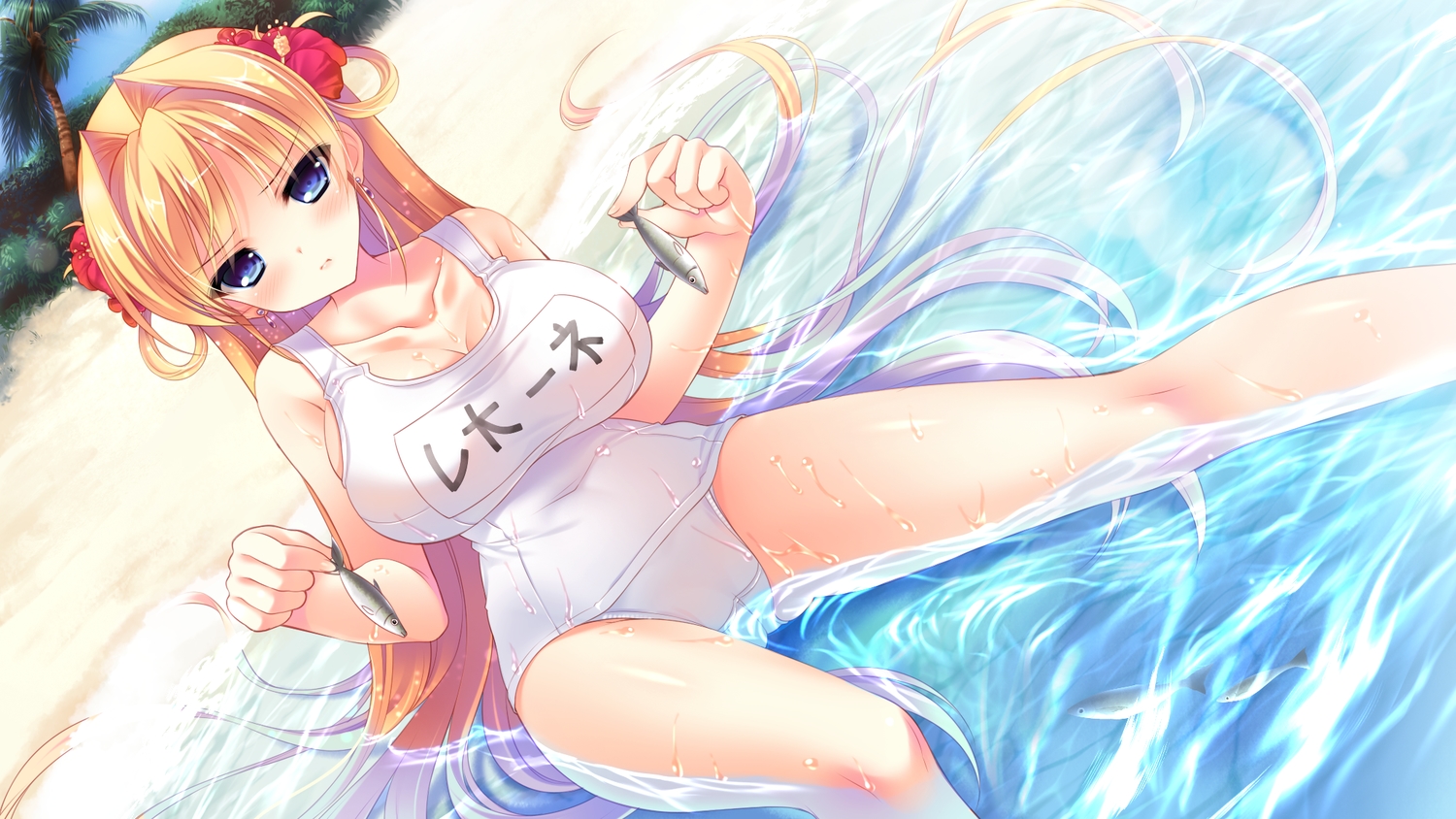 animal, beach, blonde_hair, breasts, cabbit, cleavage, fish, game_cg